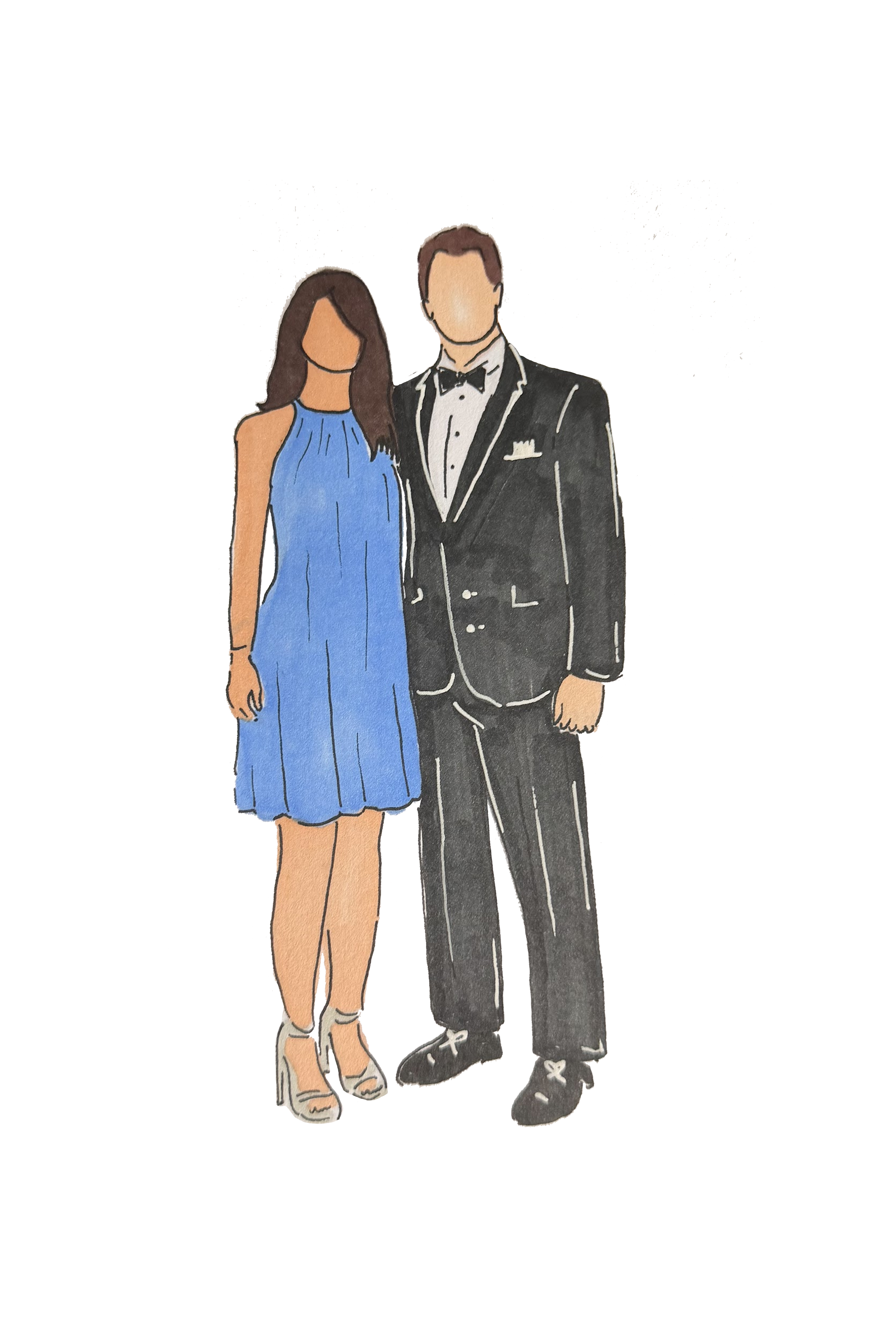 Hand-drawn illustration of a man and woman in formal attire, standing side by side, with blurred features and no background.