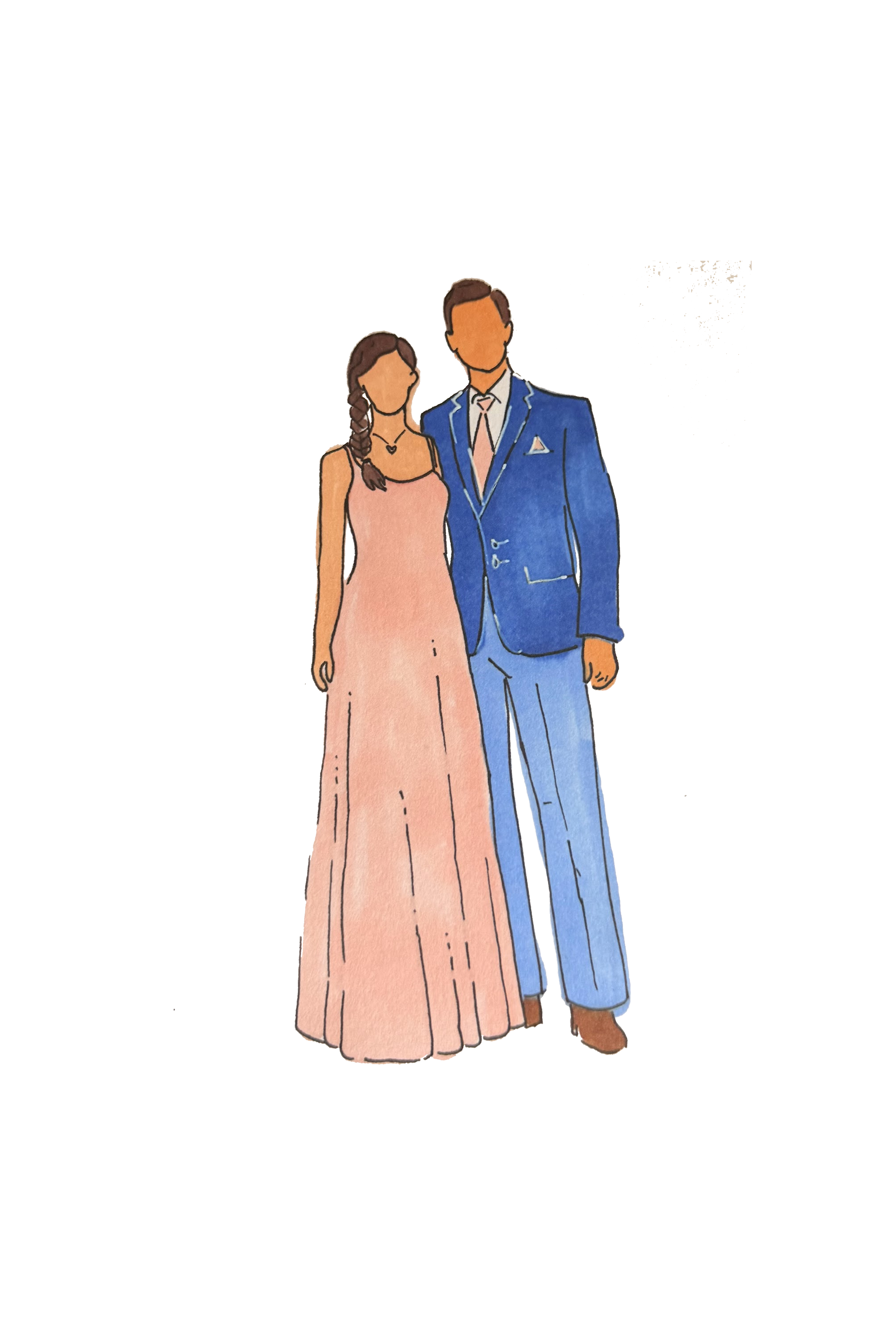 Illustration of a couple dressed formally, standing together. The woman is wearing a long pink gown with a braid hairstyle, and the man is in a blue suit with a white shirt and tie.