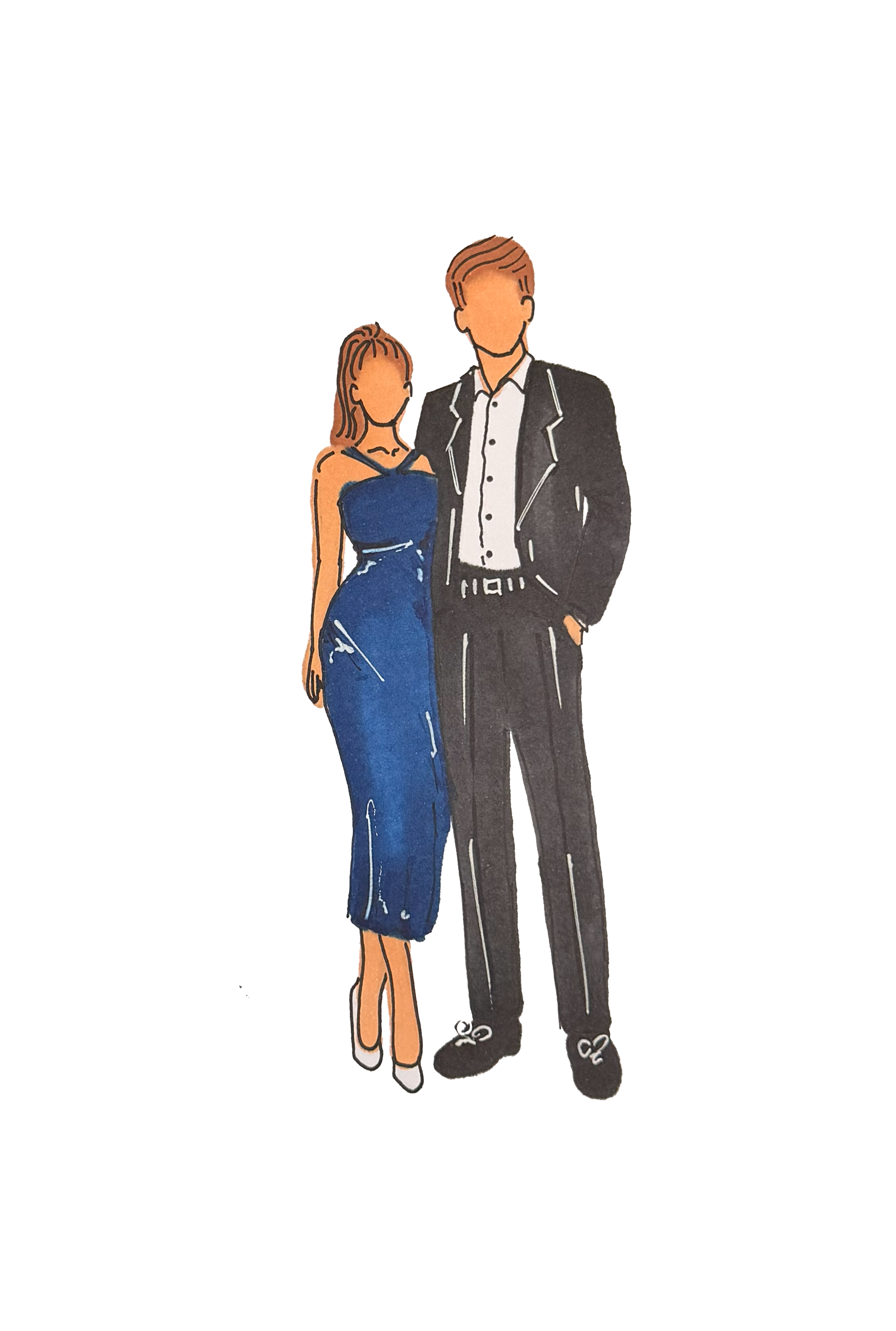 Illustration of a woman in a blue dress and a man in a black suit standing together