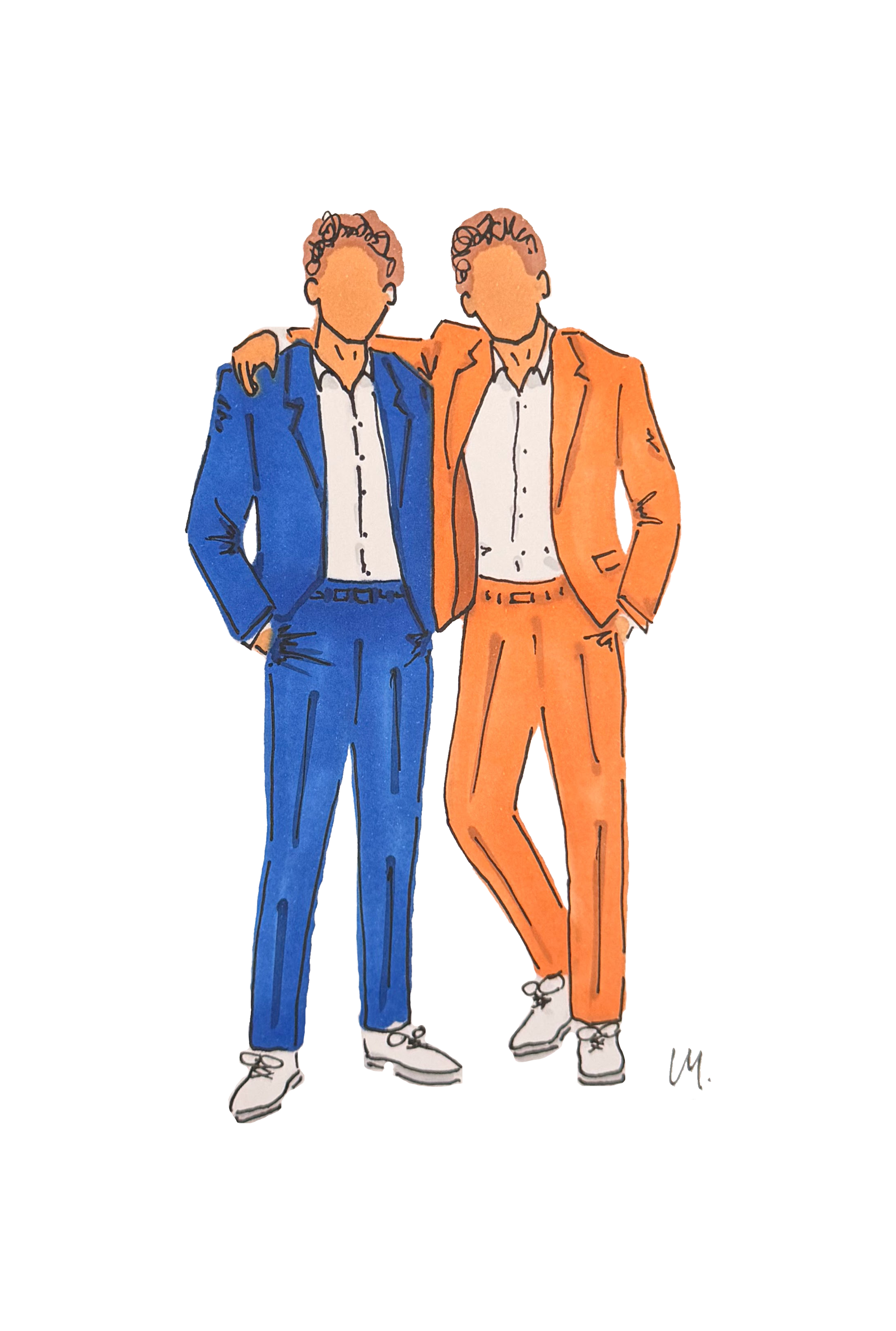 Two men in colorful suits standing closely together with arms around each other, smiling, drawn in a sketch style.