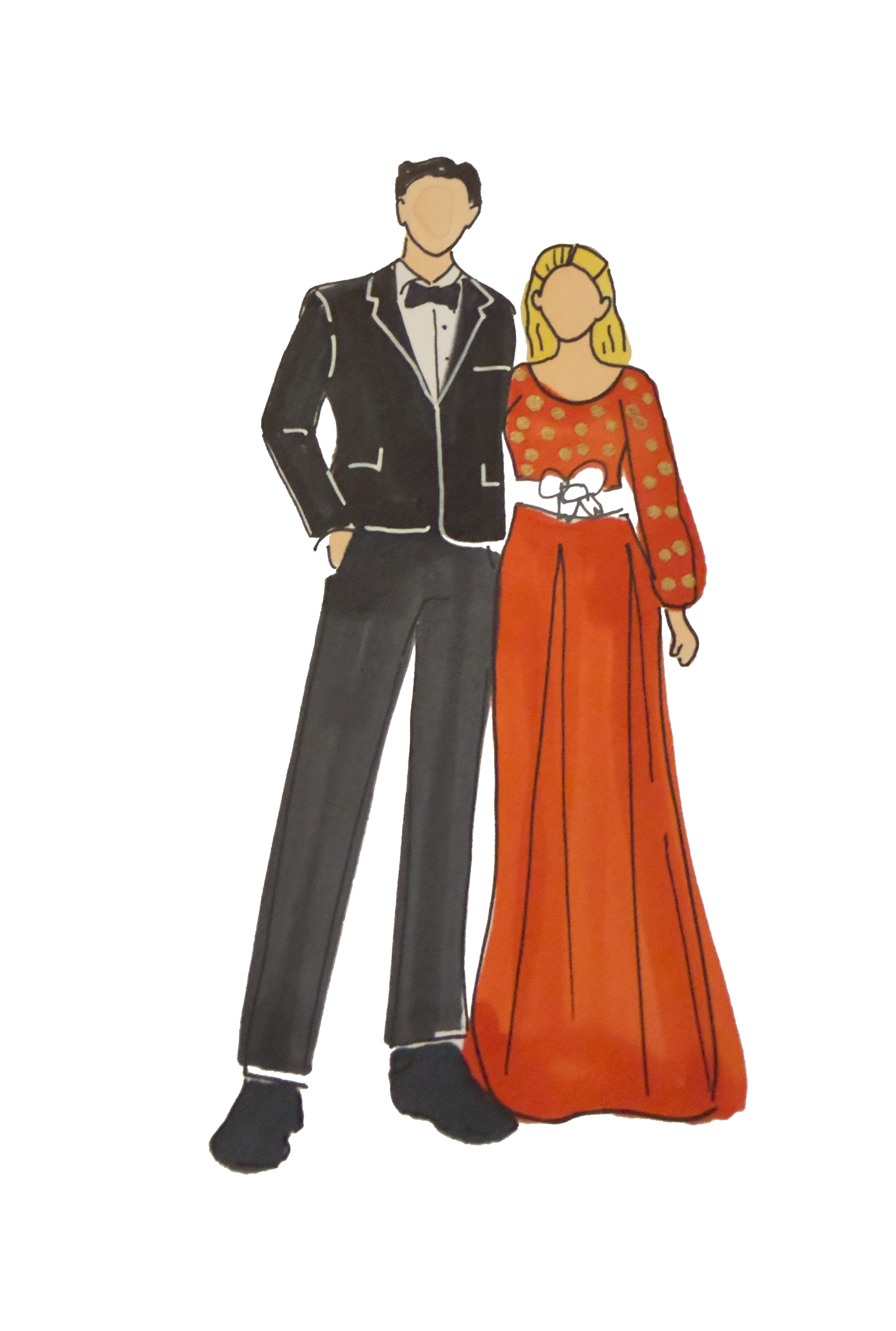 Hand-drawn illustration of a man and woman dressed elegantly, standing side by side, with faceless features.