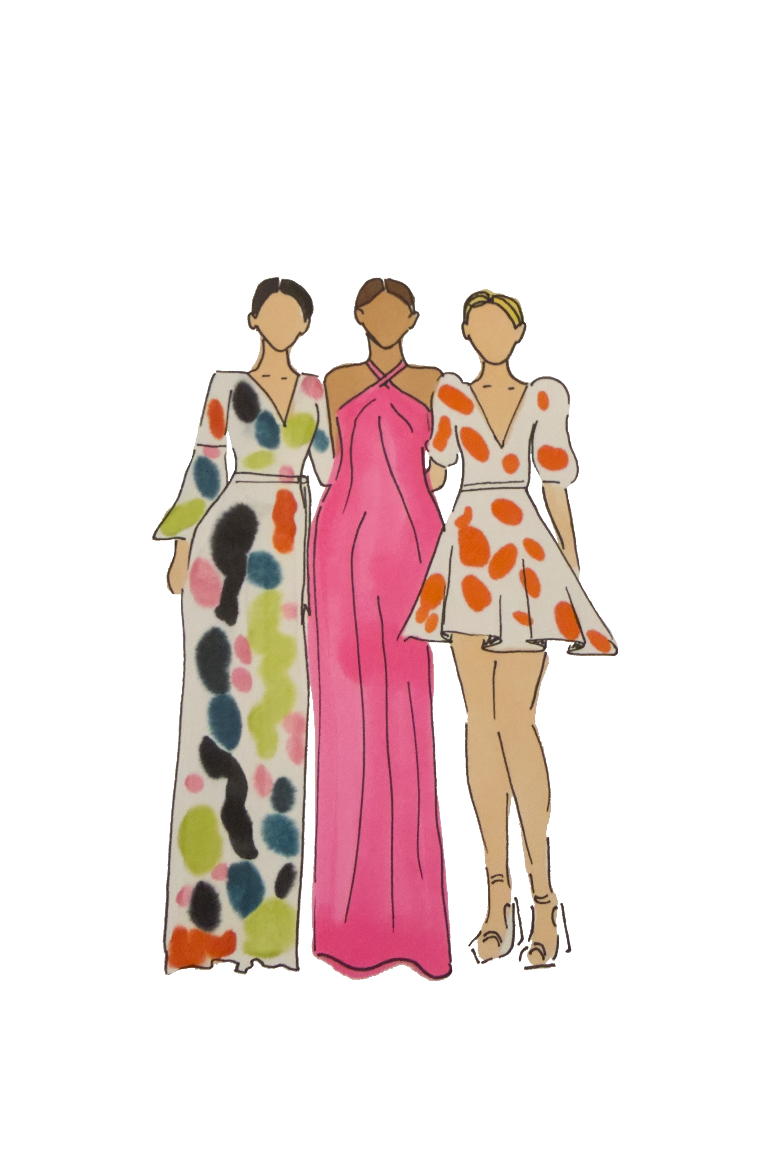 Illustration of three women wearing colorful dresses with polka dot patterns.