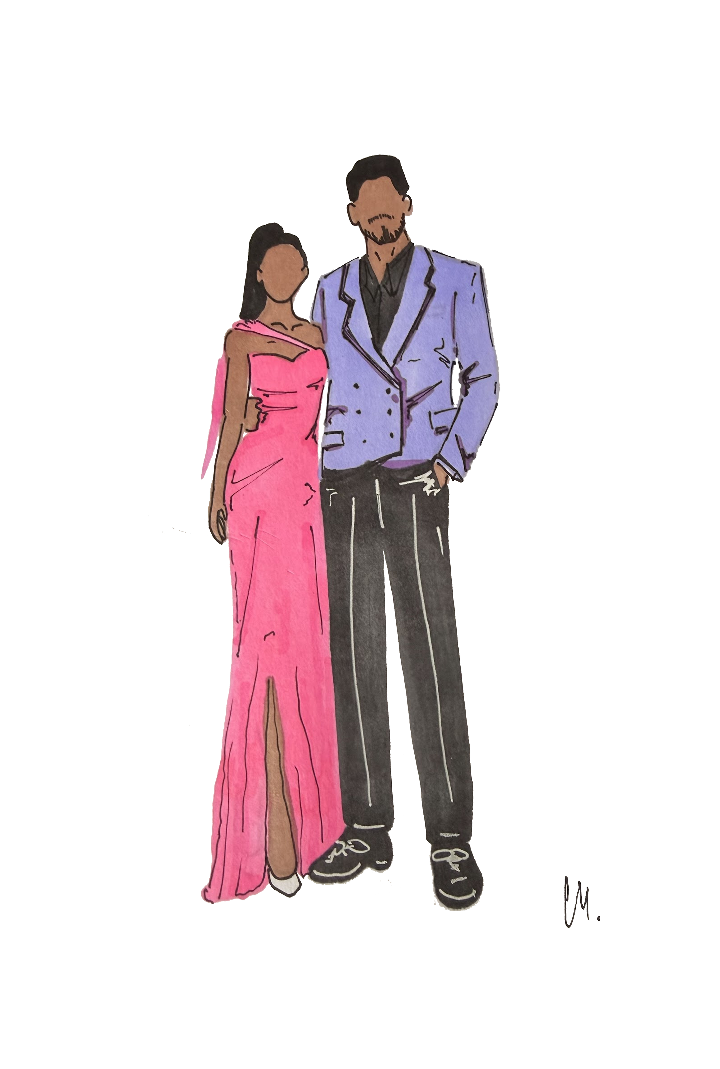 Illustration of a man and woman dressed elegantly, standing close together, with the woman in a pink gown and the man in a blazer and pants.