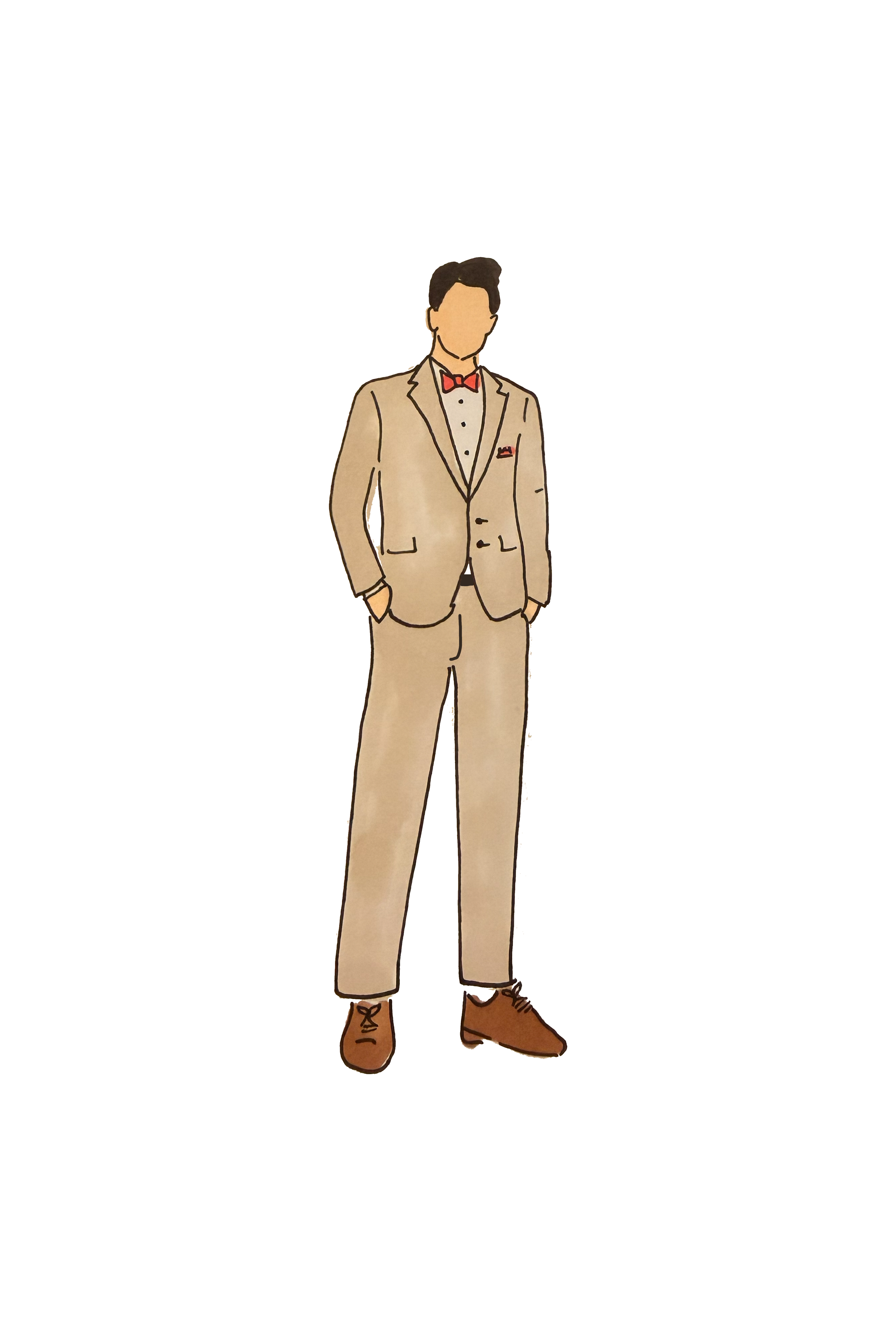 Illustration of a man in a beige suit with brown shoes, red bow tie, and pocket square standing with hands in pockets.
