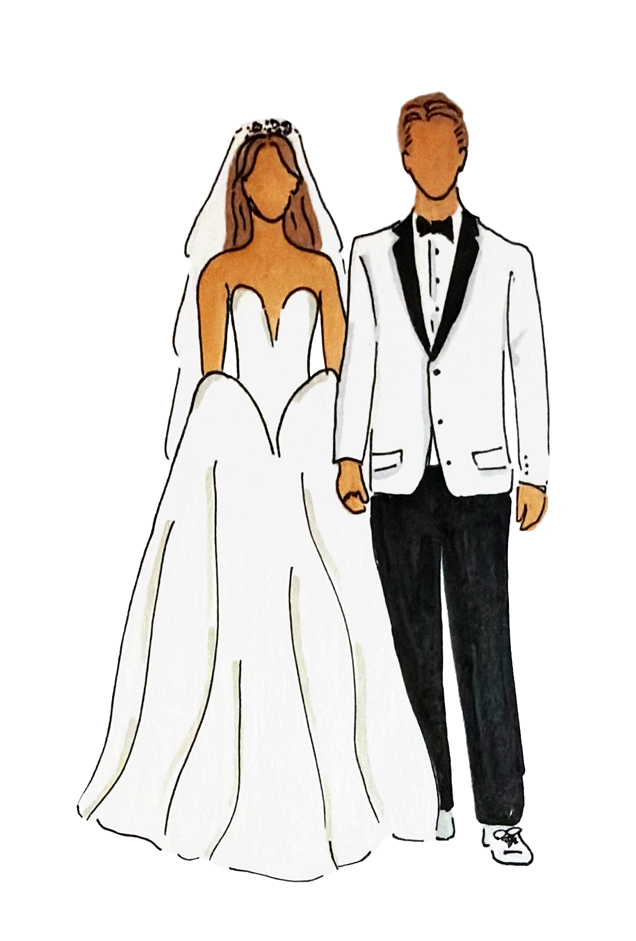 Illustration of a bride and groom holding hands, dressed in wedding attire.