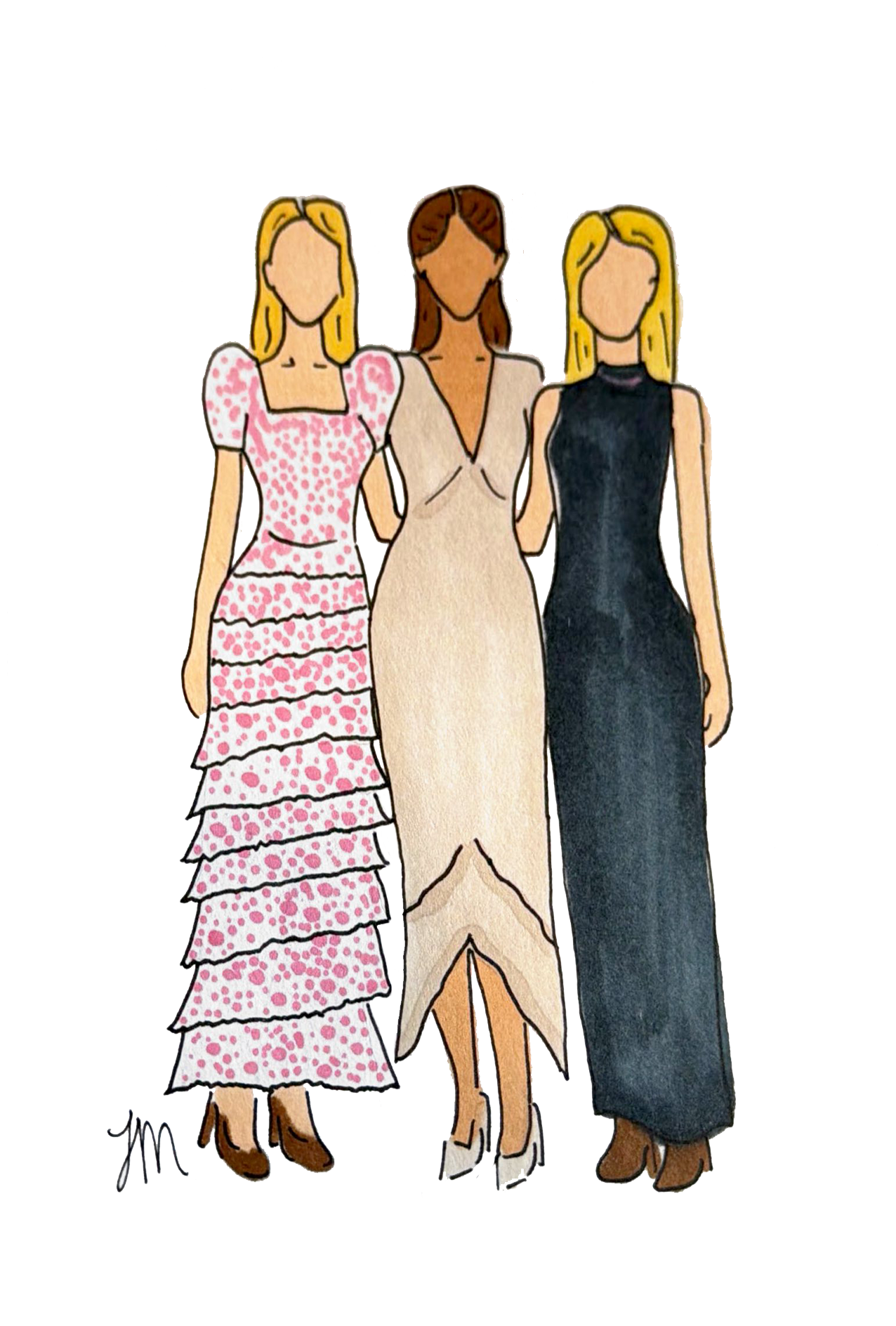 Illustration of three women standing side by side wearing different fashionable dresses.