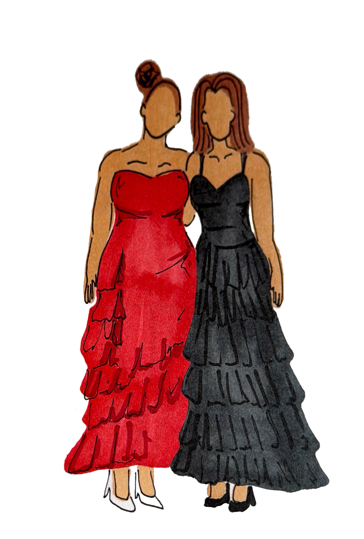 Illustration of two women wearing elegant evening gowns, one in a red strapless dress with ruffles and the other in a black strapless dress with layered skirt, standing side by side with their arms around each other.