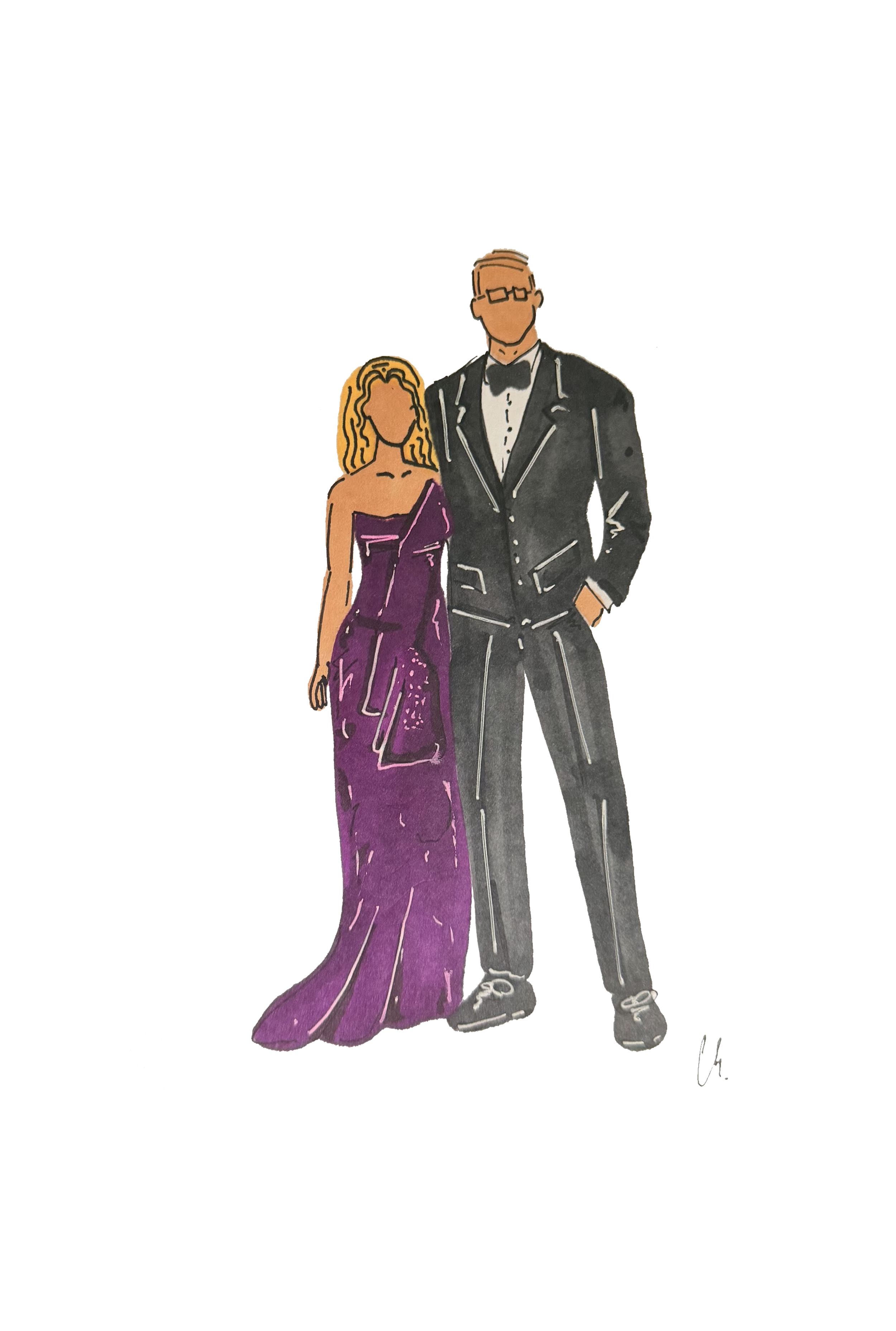 An illustration of a man and a woman dressed in formal wear, with the woman in a purple gown and the man in a black tuxedo.