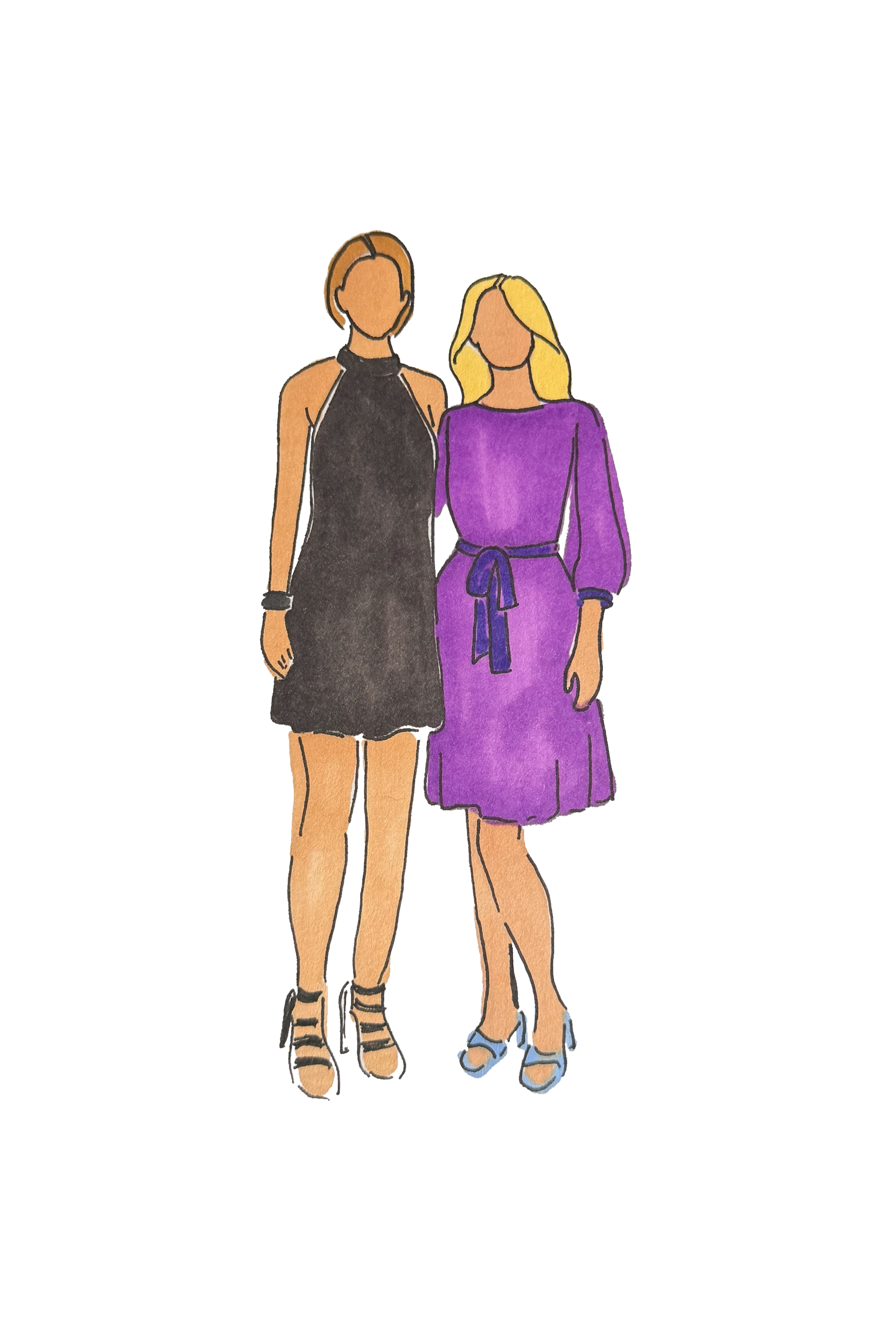 Two women standing close together, one in a black dress and the other in a purple dress with a belt, both wearing high heels.