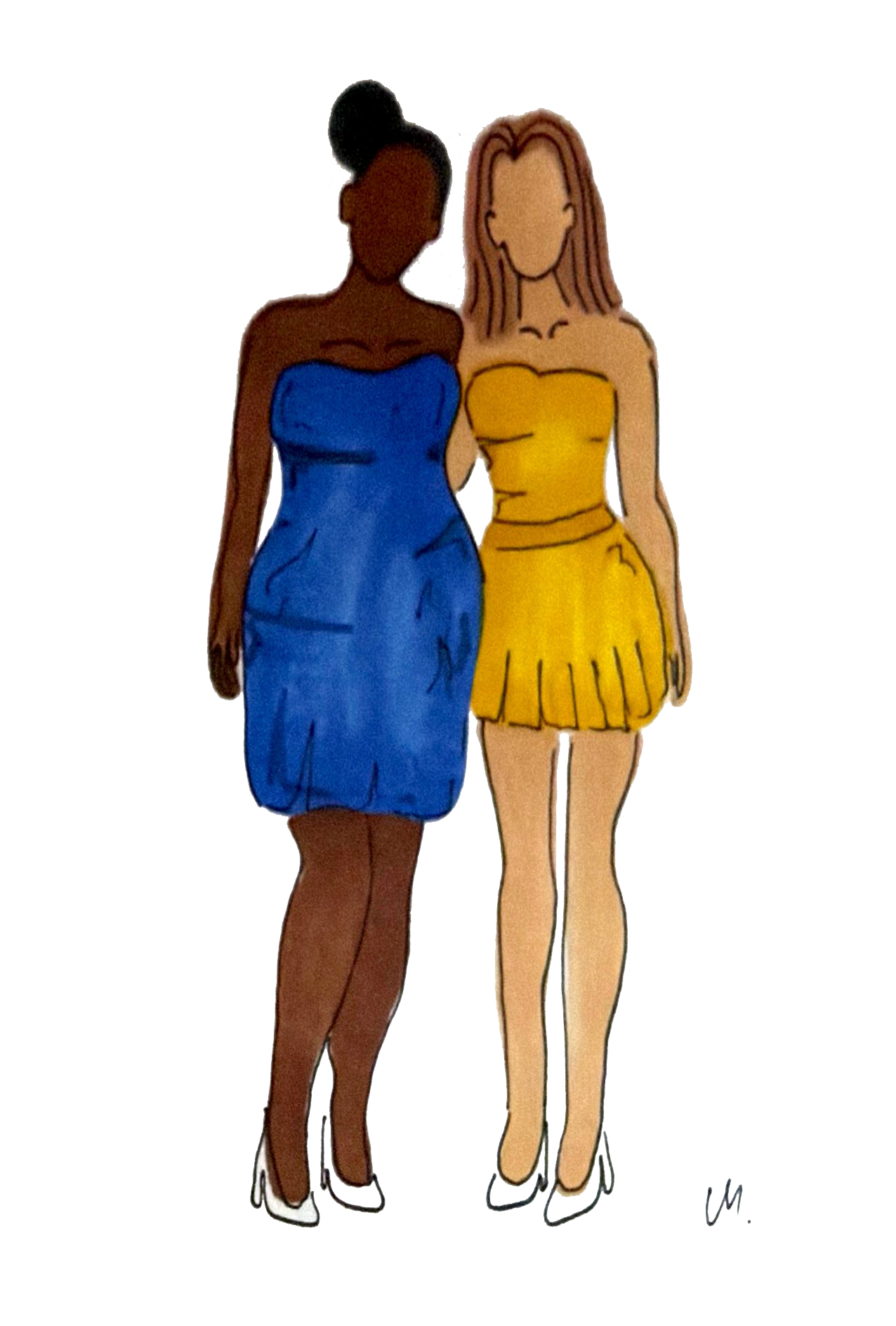 Illustration of two women standing side by side in colorful dresses, one in a blue strapless dress and the other in a yellow strapless dress with a pleated skirt.