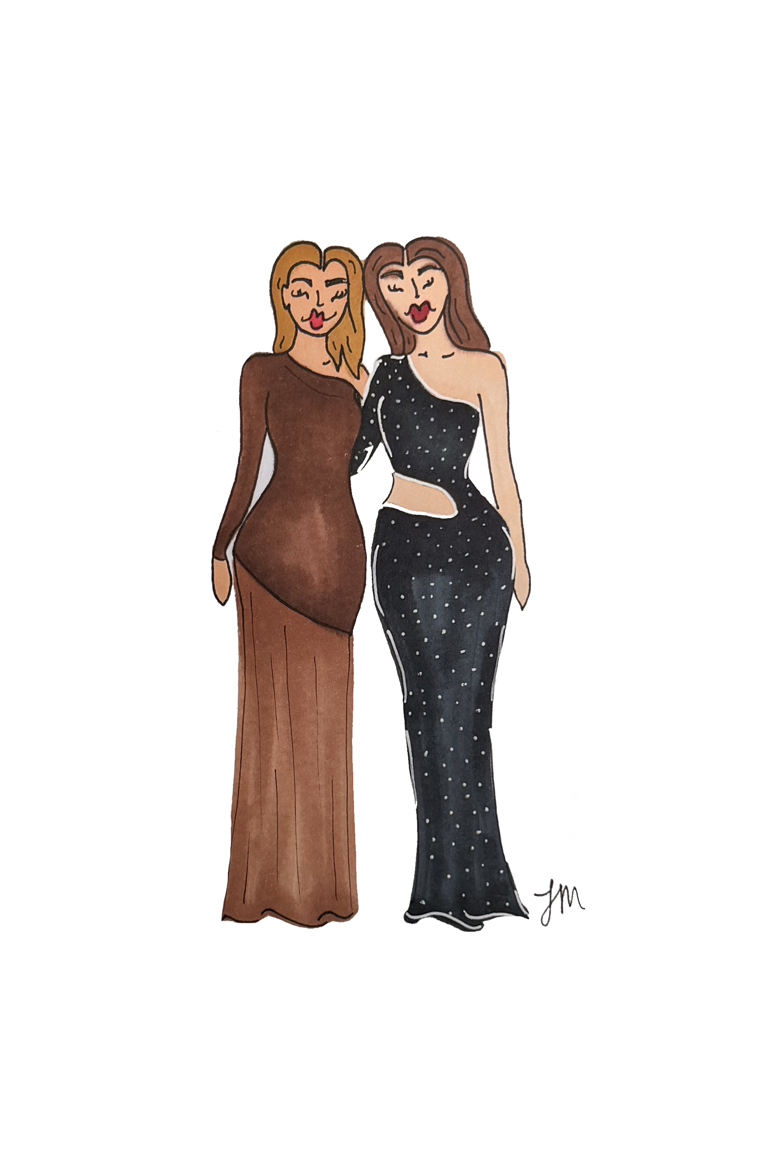 Illustration of two women in elegant evening gowns, standing side by side, smiling, with one wearing a brown dress with long sleeves and the other in a black, cut-out, one-shoulder, floor-length gown with sparkles.