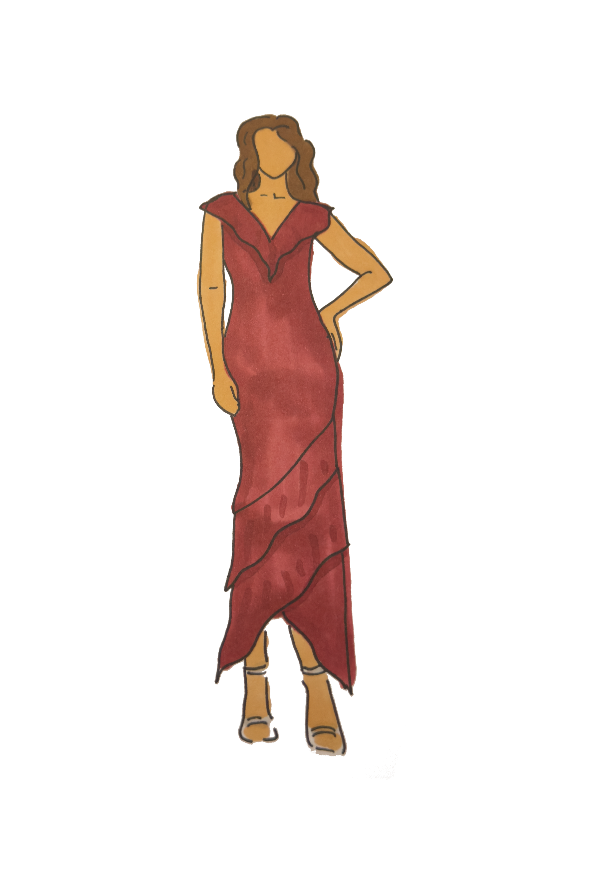 Hand-drawn illustration of a woman in a long, elegant red dress with ruffles on the shoulders, standing with one hand on her hip.