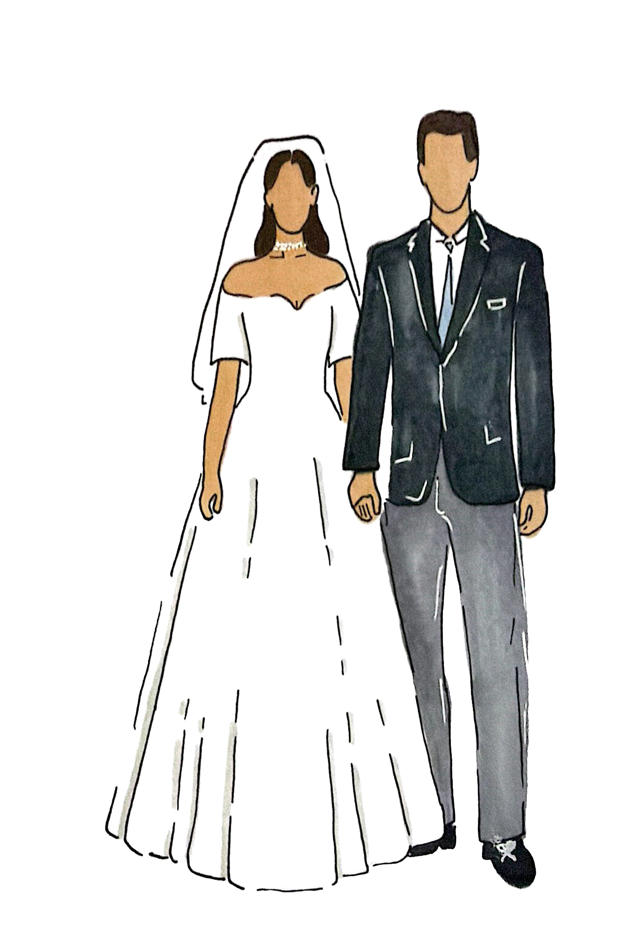 An illustration of a bride in a white wedding dress and a groom in a black tuxedo standing together.