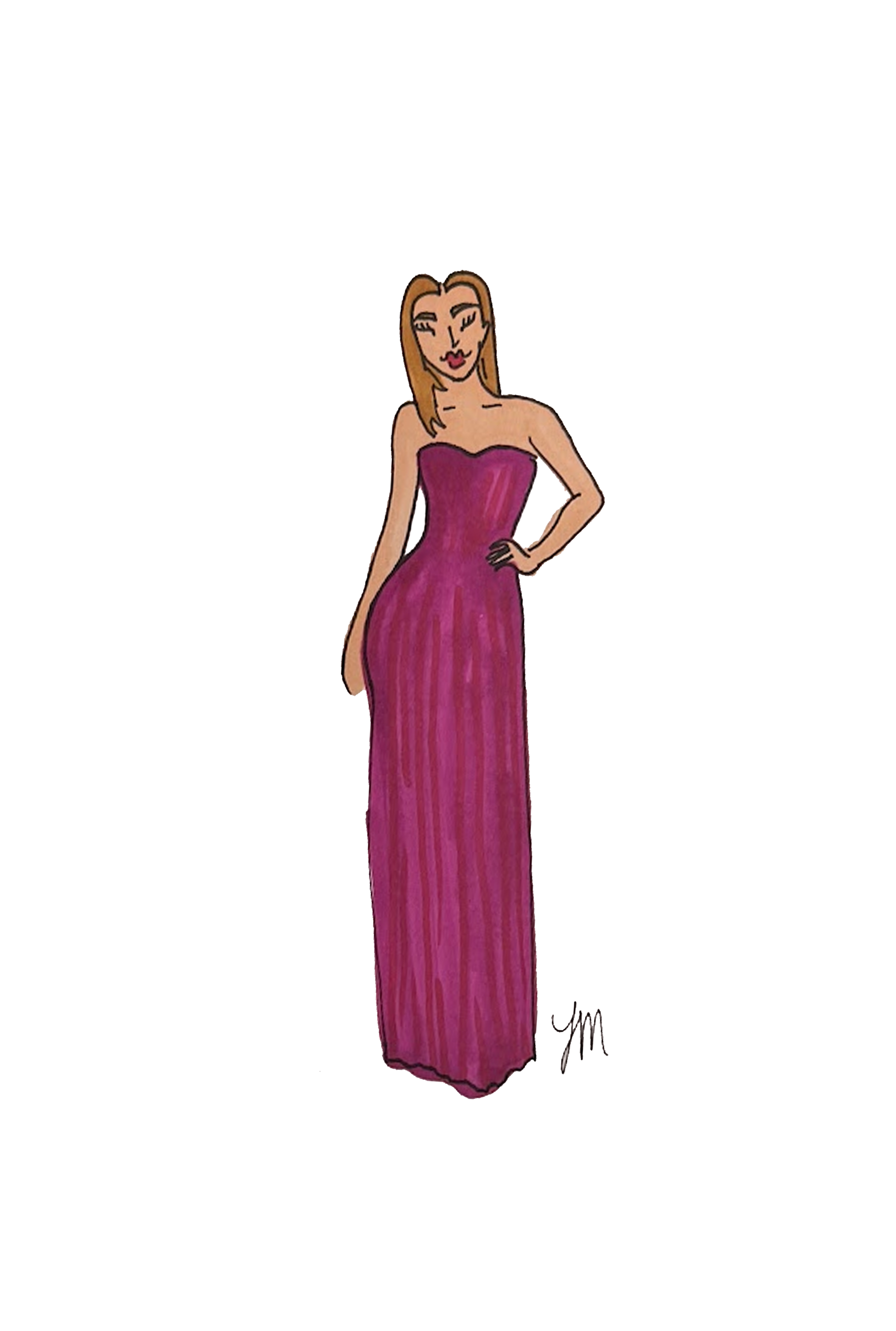 Animated woman in a long, strapless pink dress with one hand on her hip, smiling with closed eyes.