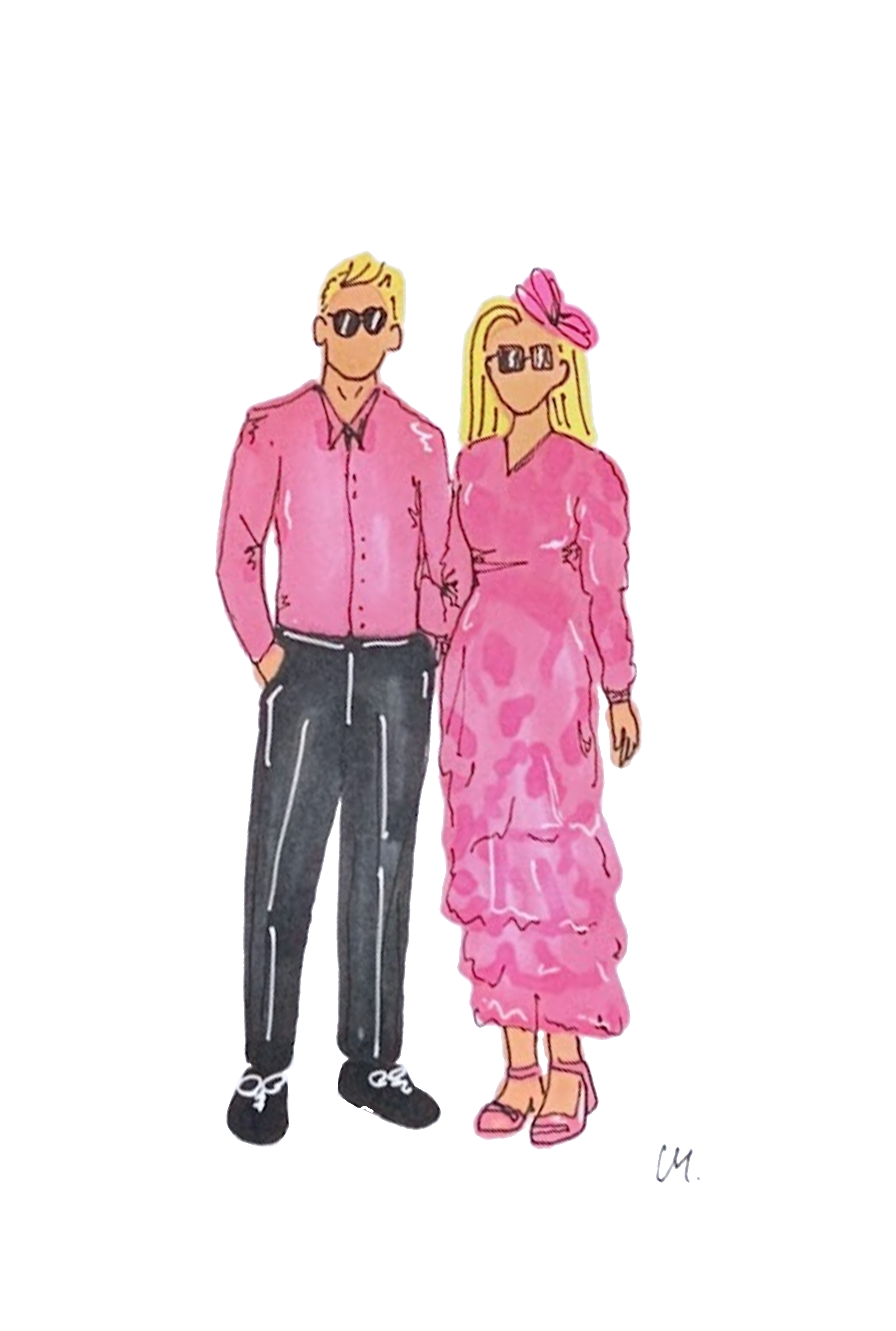 Illustration of a man and woman dressed in pink, standing together against a colorful background.