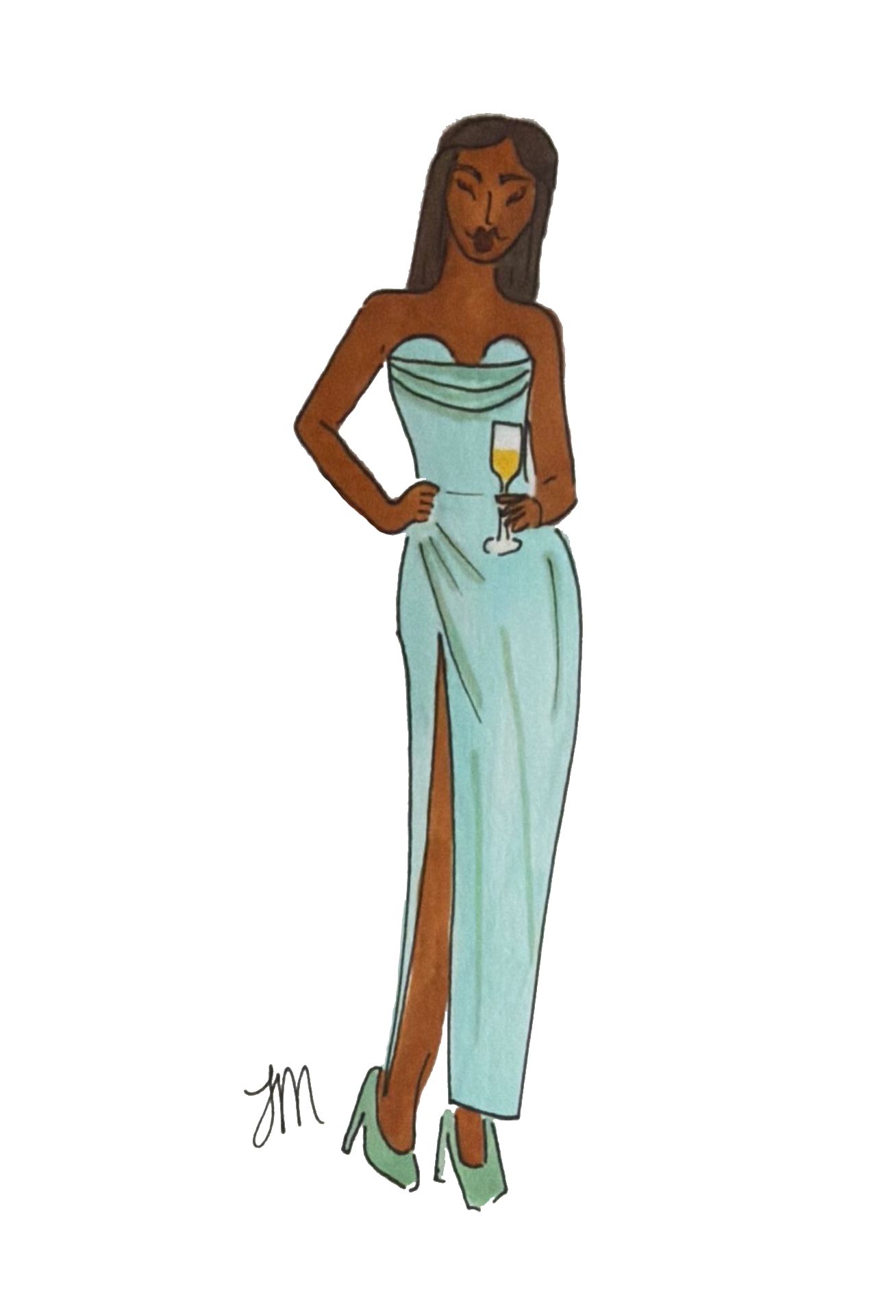 A woman in a strapless, slit dress holding a champagne flute.