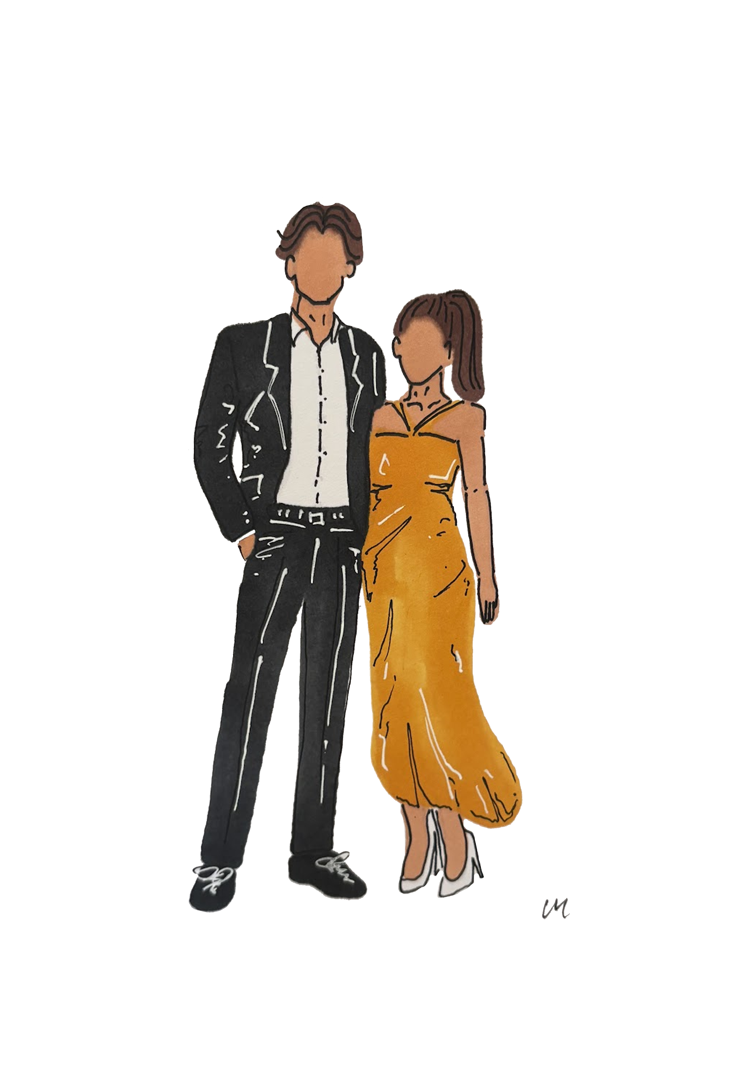 Illustration of a man and woman standing side by side, dressed in stylish formal attire, with the man in a black suit and the woman in a gold dress, both with faceless features.