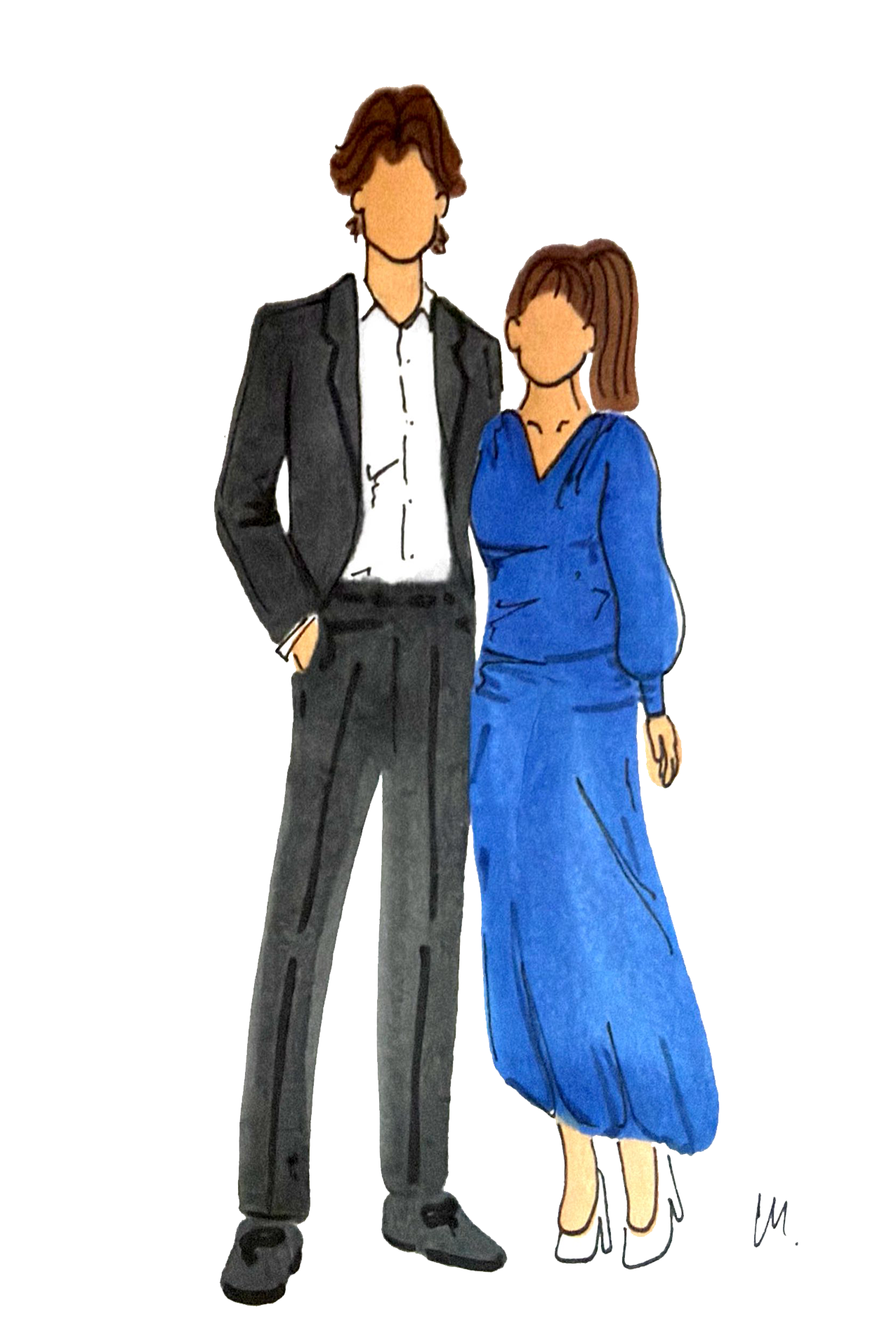 Illustration of a man and woman standing closely together, dressed in formal attire, with the man in a black suit and the woman in a blue dress.