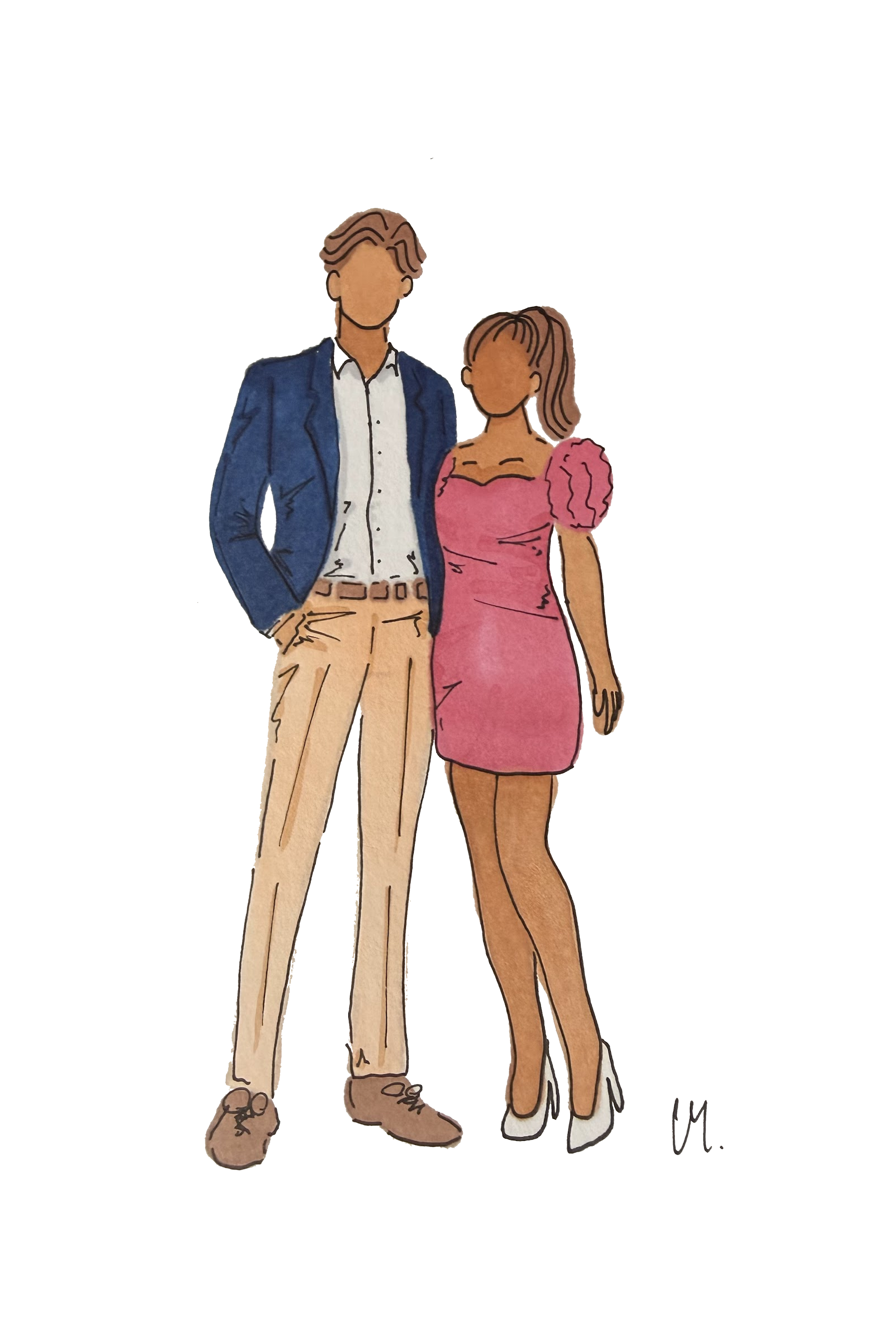 A man and woman standing together, dressed in formal attire, with the man wearing a navy blazer, white shirt, and beige pants, and the woman in a pink dress with puffed sleeves.