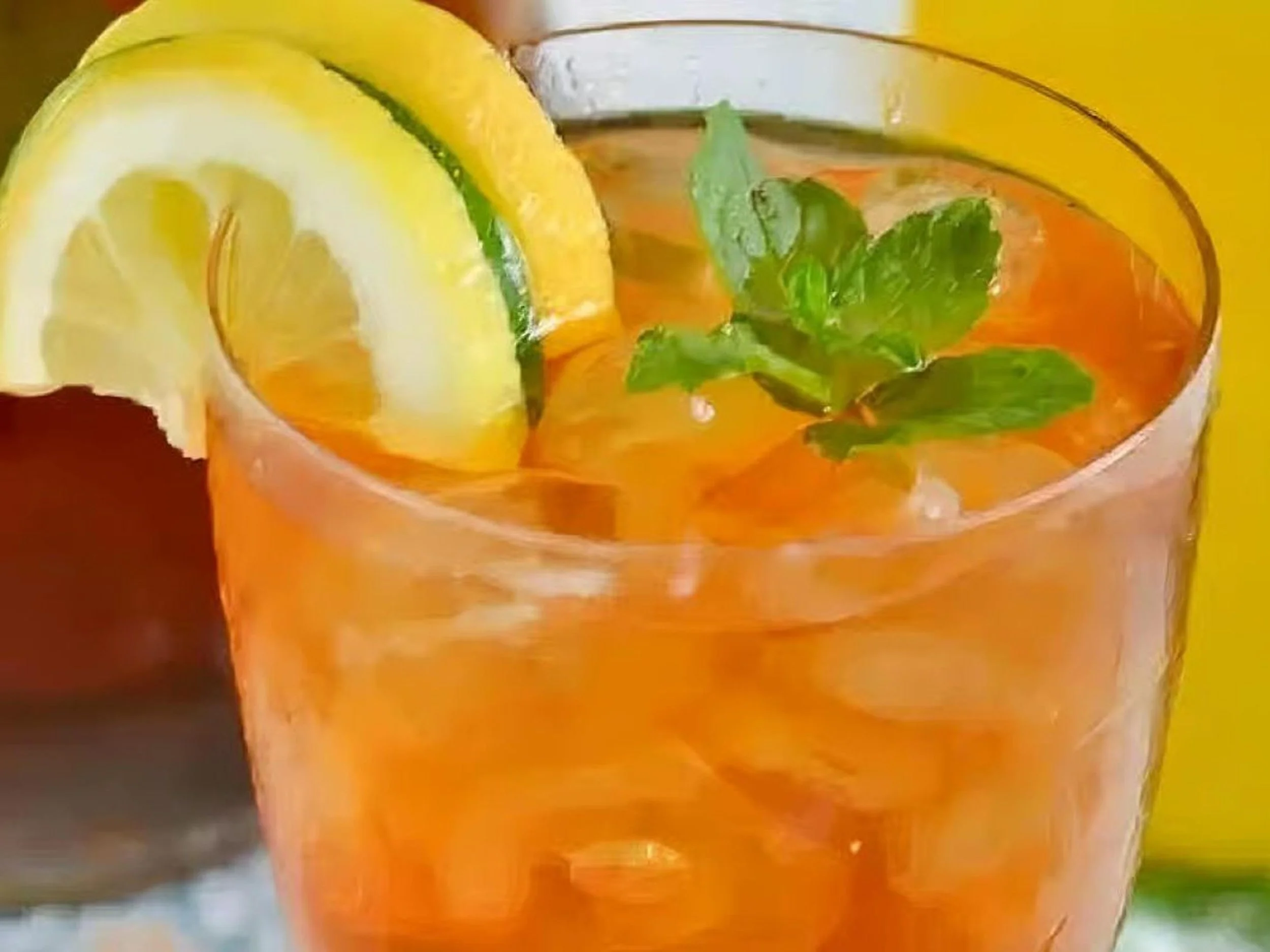 A glass of orange-colored drink with ice, garnished with lemon slices and a sprig of mint.