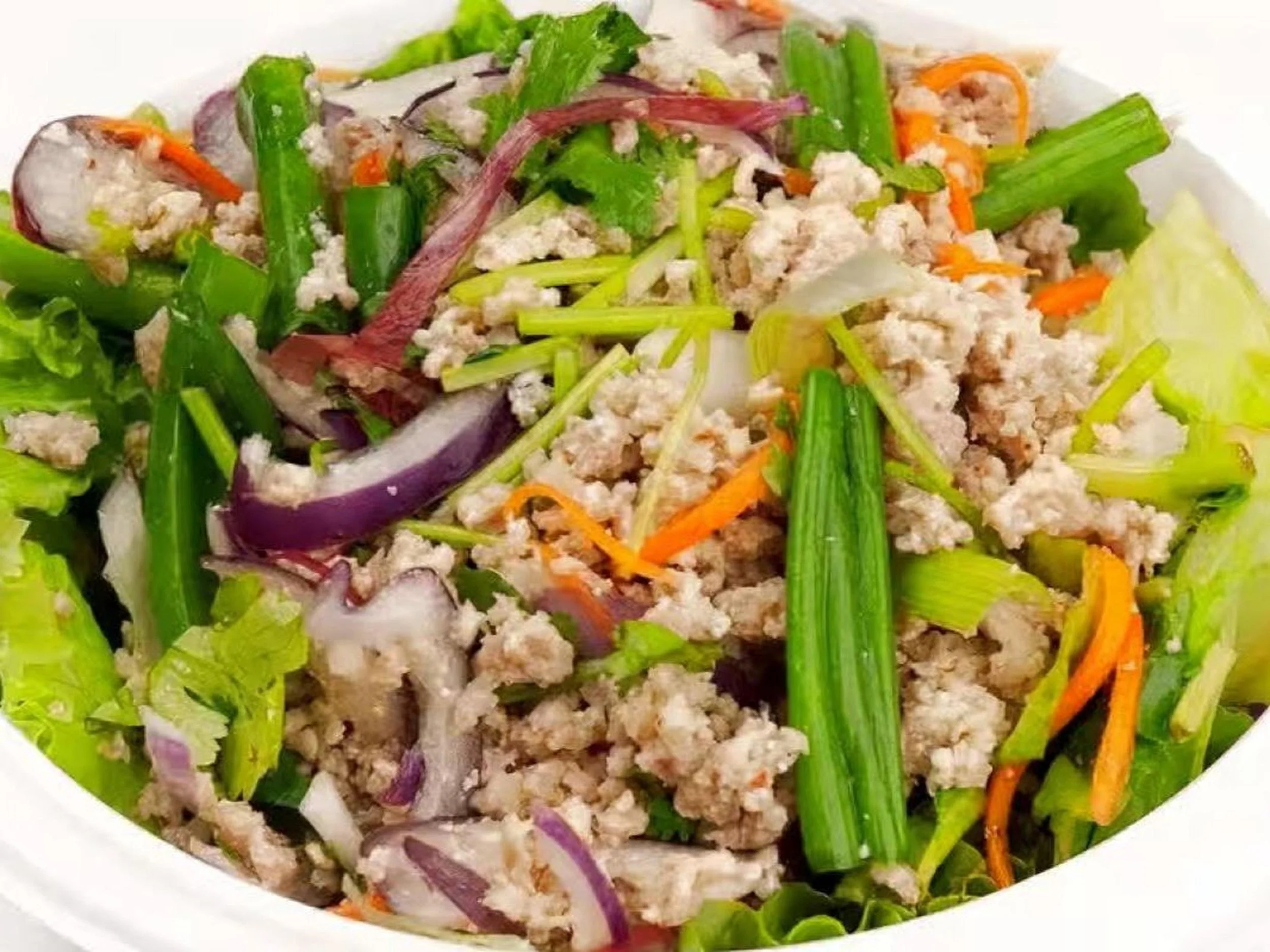 Close-up of a fresh, mixed vegetable salad with ground meat, sliced red onions, shredded carrots, chopped celery, and leafy greens in a white bowl.