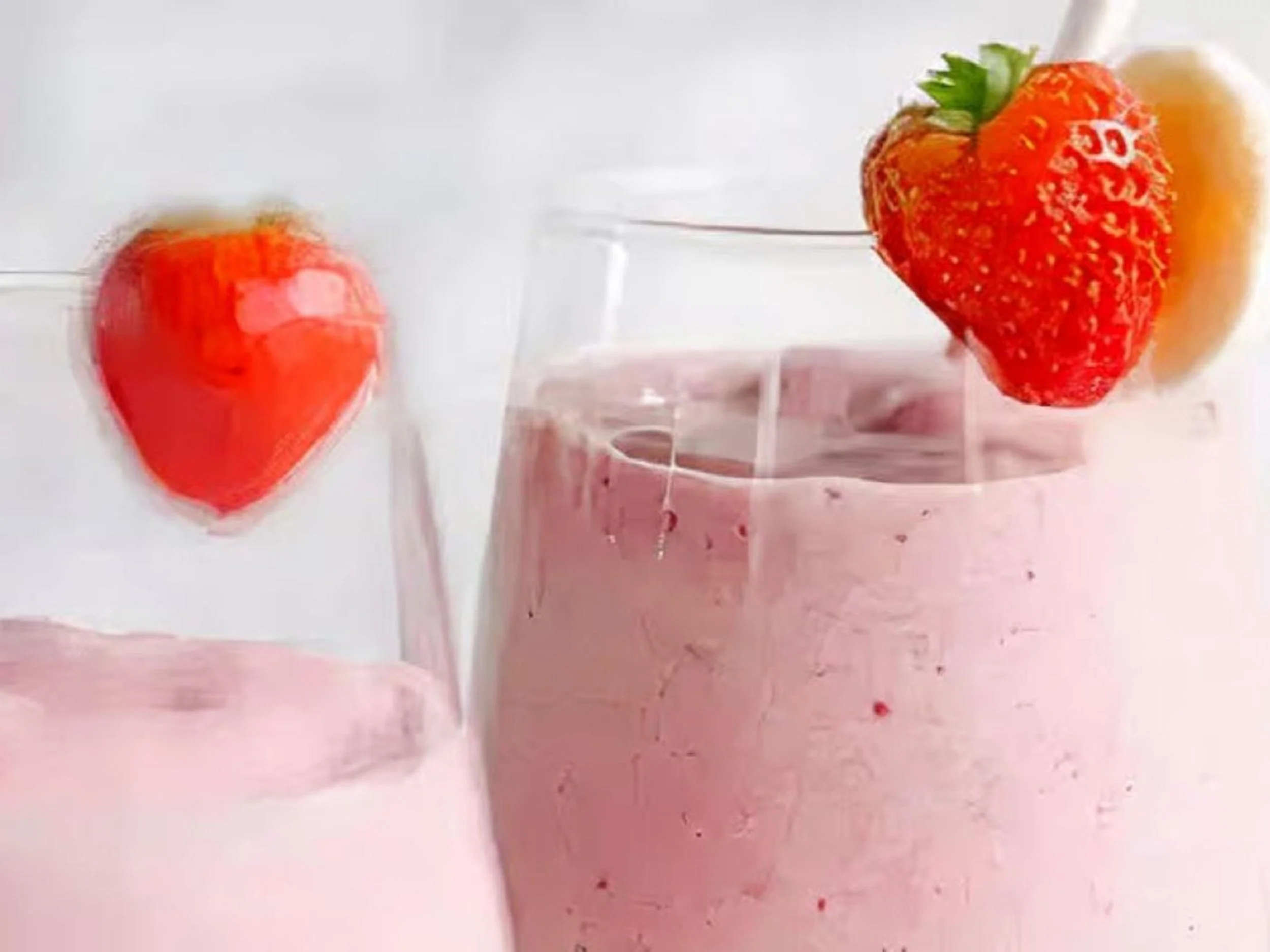A pink strawberry smoothie in a clear glass with a fresh strawberry garnish on the rim. There is also a floating strawberry on a straw next to the glass.