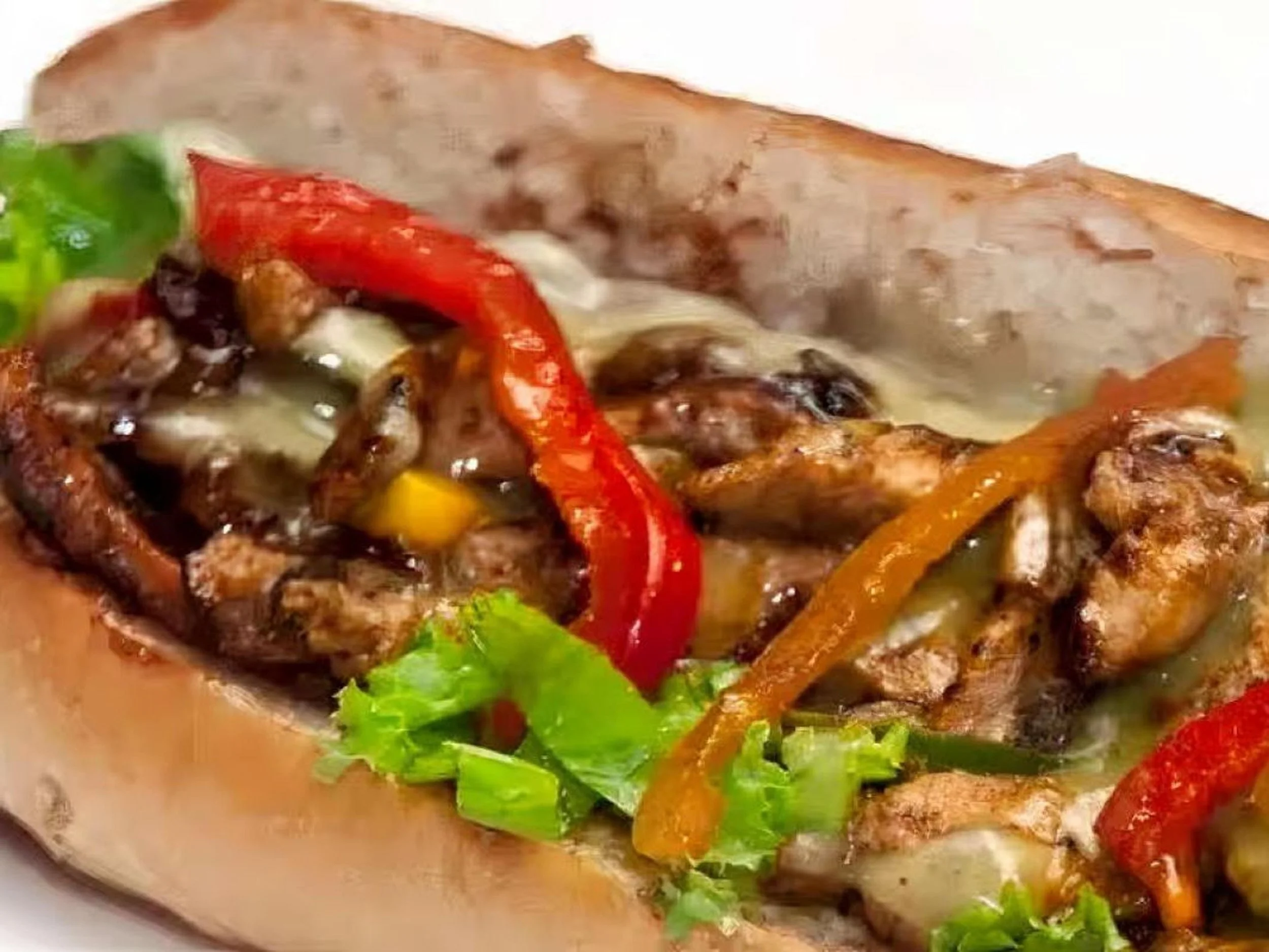 A grilled fish fillet topped with cooked vegetables such as red and yellow bell peppers and greens, served on a plate.