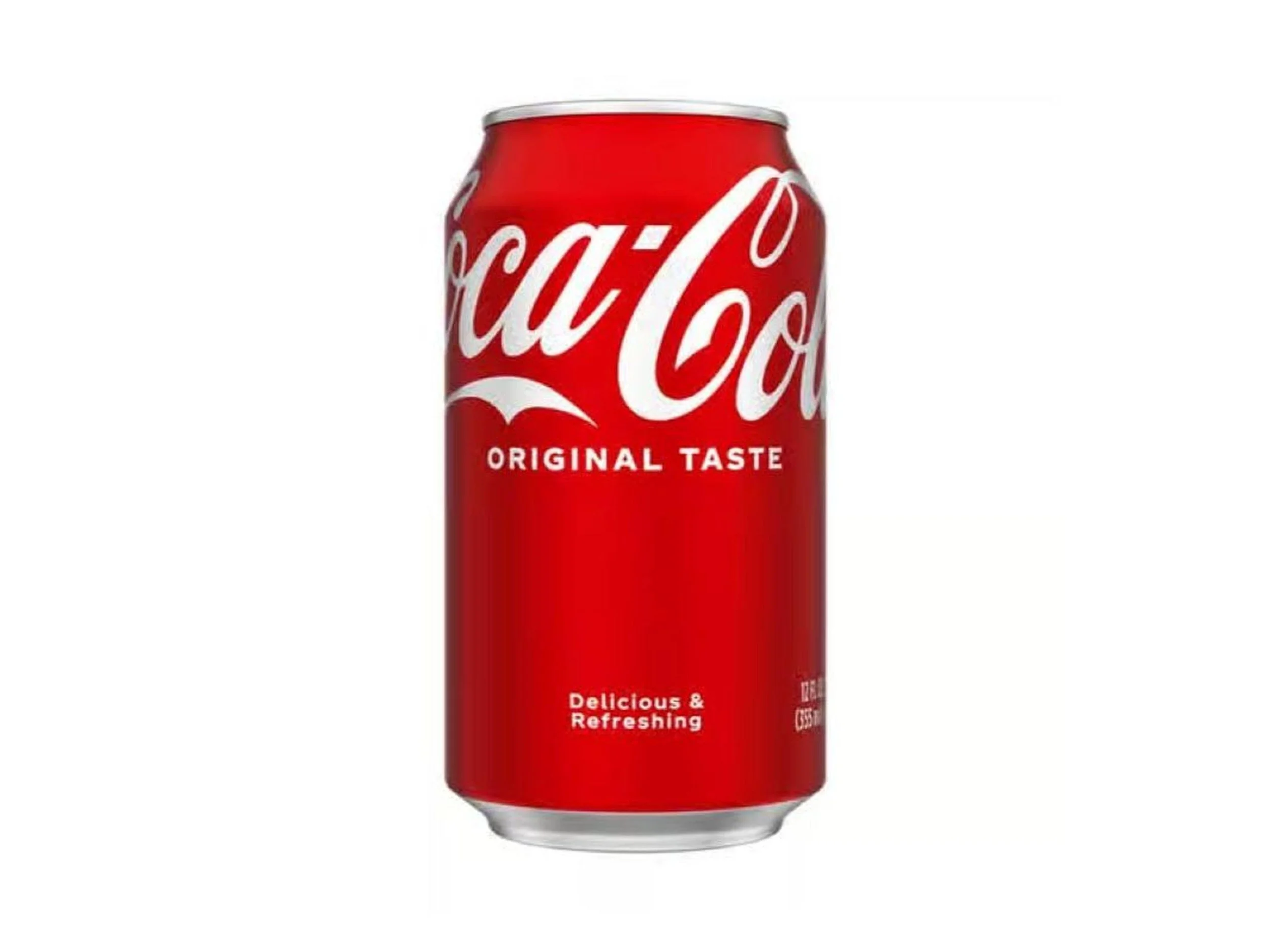 Red can of Coca-Cola with white logo, labeled 'Original Taste', 'Delicious & Refreshing'