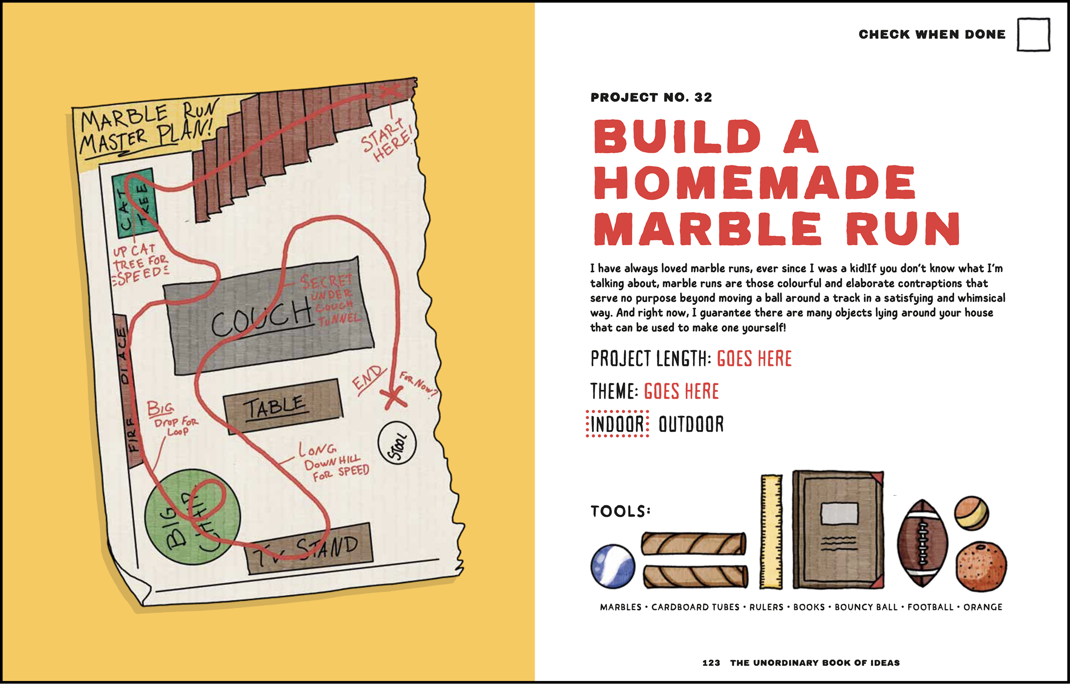 The Unordinary Book of Ideas book, featuring a detailed diagram and instructions for building a homemade marble run, including a track layout, labeled sections, and tools needed.