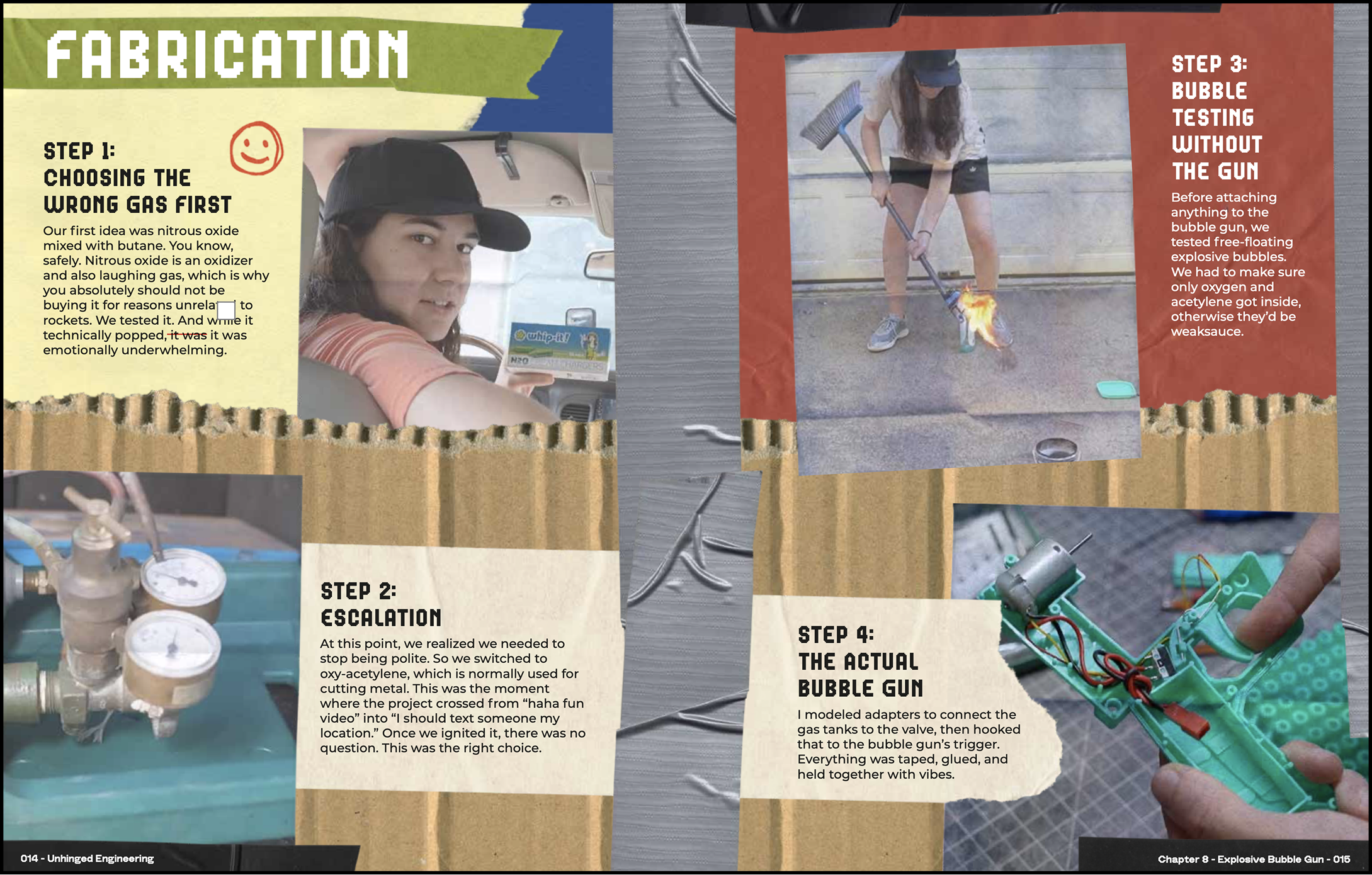 A collage of images and text explaining the steps of creating a bubble gun, including images of a person testing a bubble gun setup, a person igniting a bubble solution, and a close-up of a homemade bubble gun device.