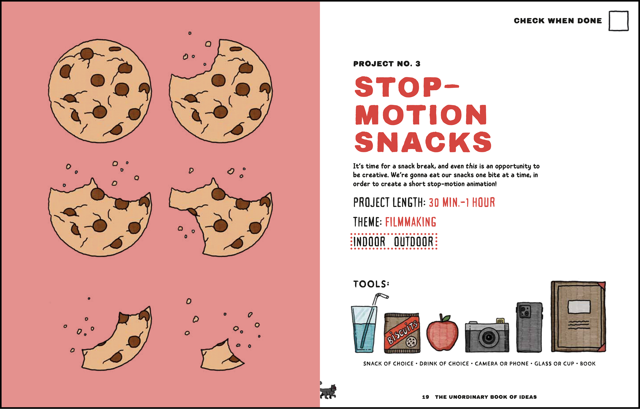 The Unordinary Book of Ideas book featuring an illustration of chocolate chip cookies, with one cookie intact and several cookies partially eaten, scattered on a pink background.