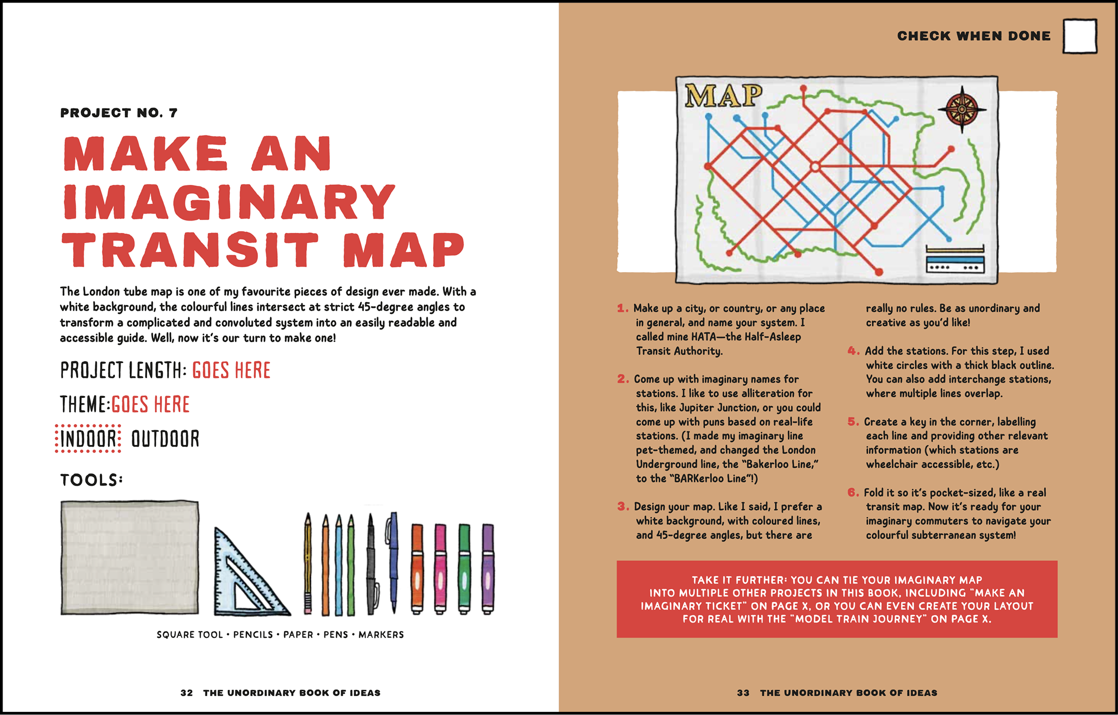 The Unordinary Book of Ideas book, featuring instructions and illustrations of tools like a square, pencils, pens, paper, and markers.
