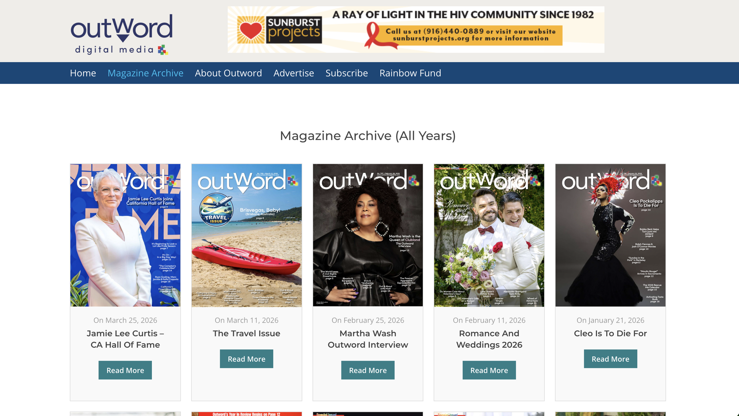 Screenshot of the OutWord magazine archive webpage showing cover images and titles of issues, including features on Jamie Lee Curtis, Martha Wash, and Cleo Pockalipps.