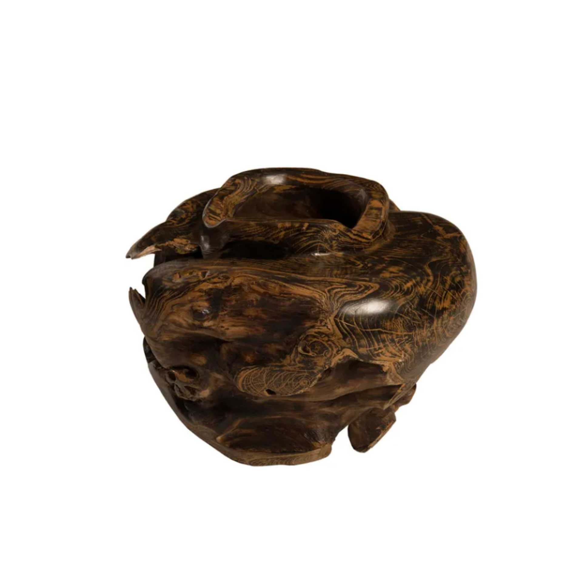 Dark wood decorative bear sculpture with carved swirling details from The G. Everett Edit.