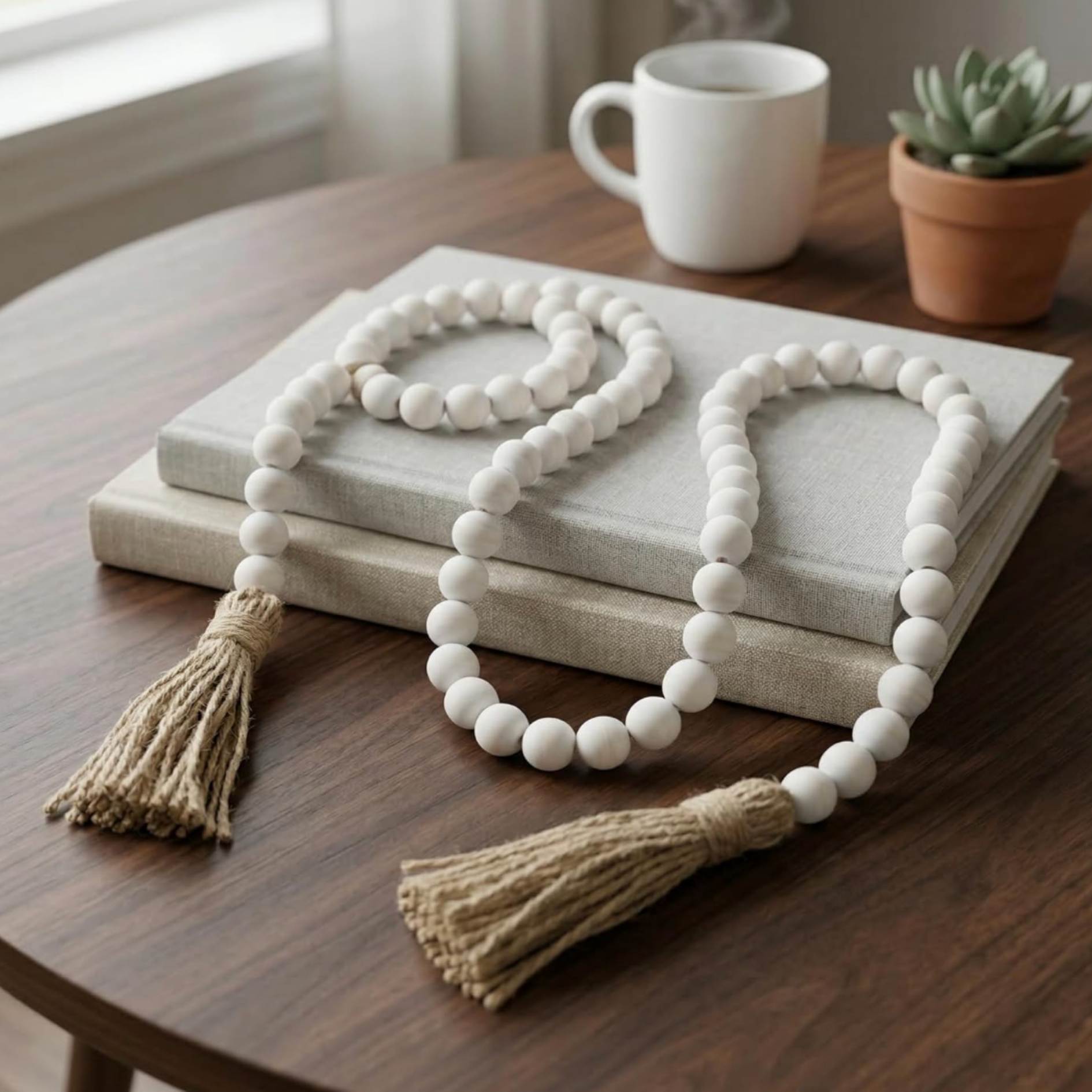 Neutral coffee table books, white mug and succulent styled for a warm modern interior.