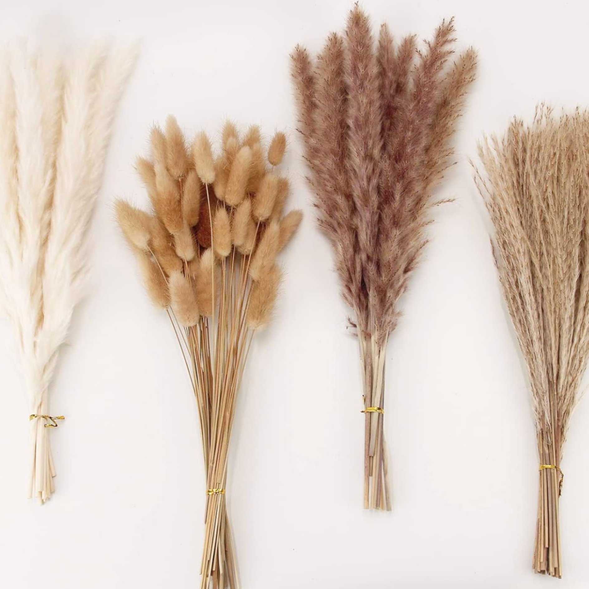 Decorative dried grass bundles with gold accents for natural home styling and decor.