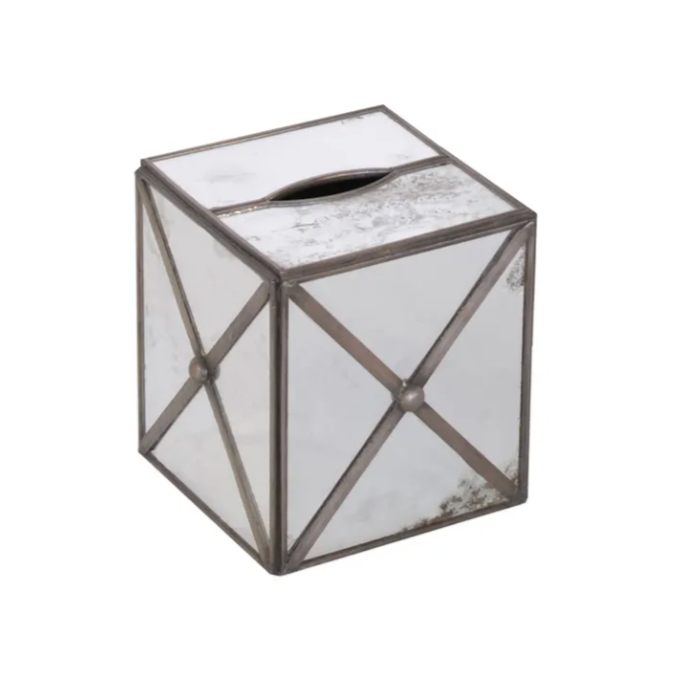 Antique silver mirrored tissue box cover for elegant bathroom and home decor.