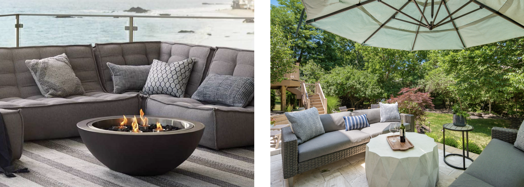 Two outdoor seating areas with grey sofas, a fire bowl, and a patio table under a teal umbrella.
