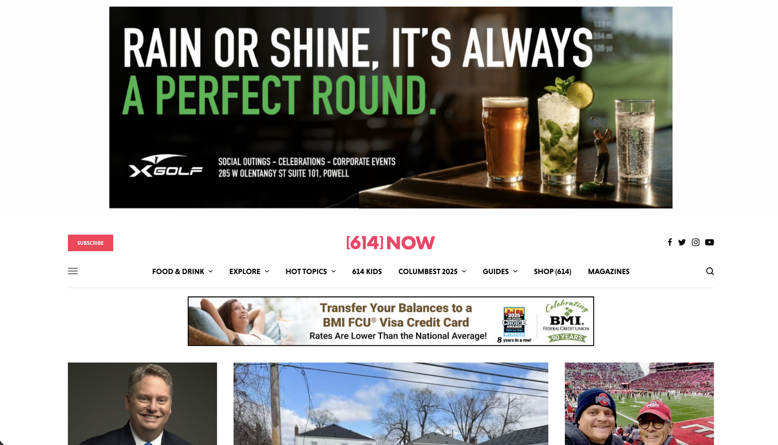 Website header promoting golf, featuring text 'Rain or shine, it's always a perfect round.' and images of three drinks, including beer, mojito, and sparkling water, on a wooden surface.