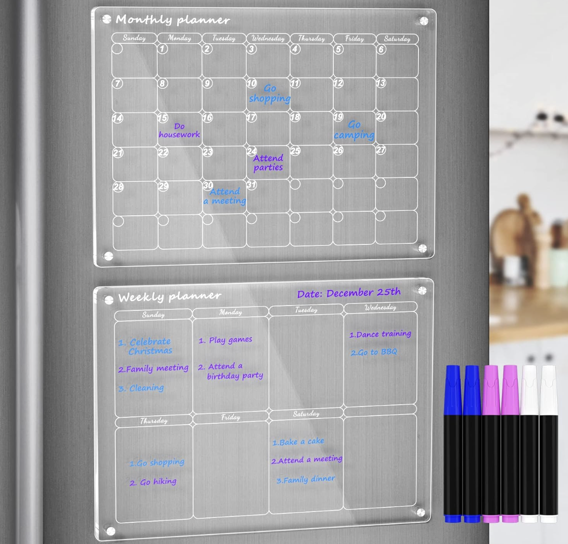Clear acrylic refrigerator planner organized with monthly and weekly schedules.