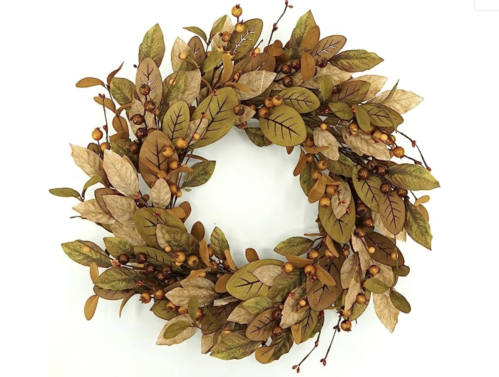 Autumn-themed wreath featuring brown and green leaves with small berries.