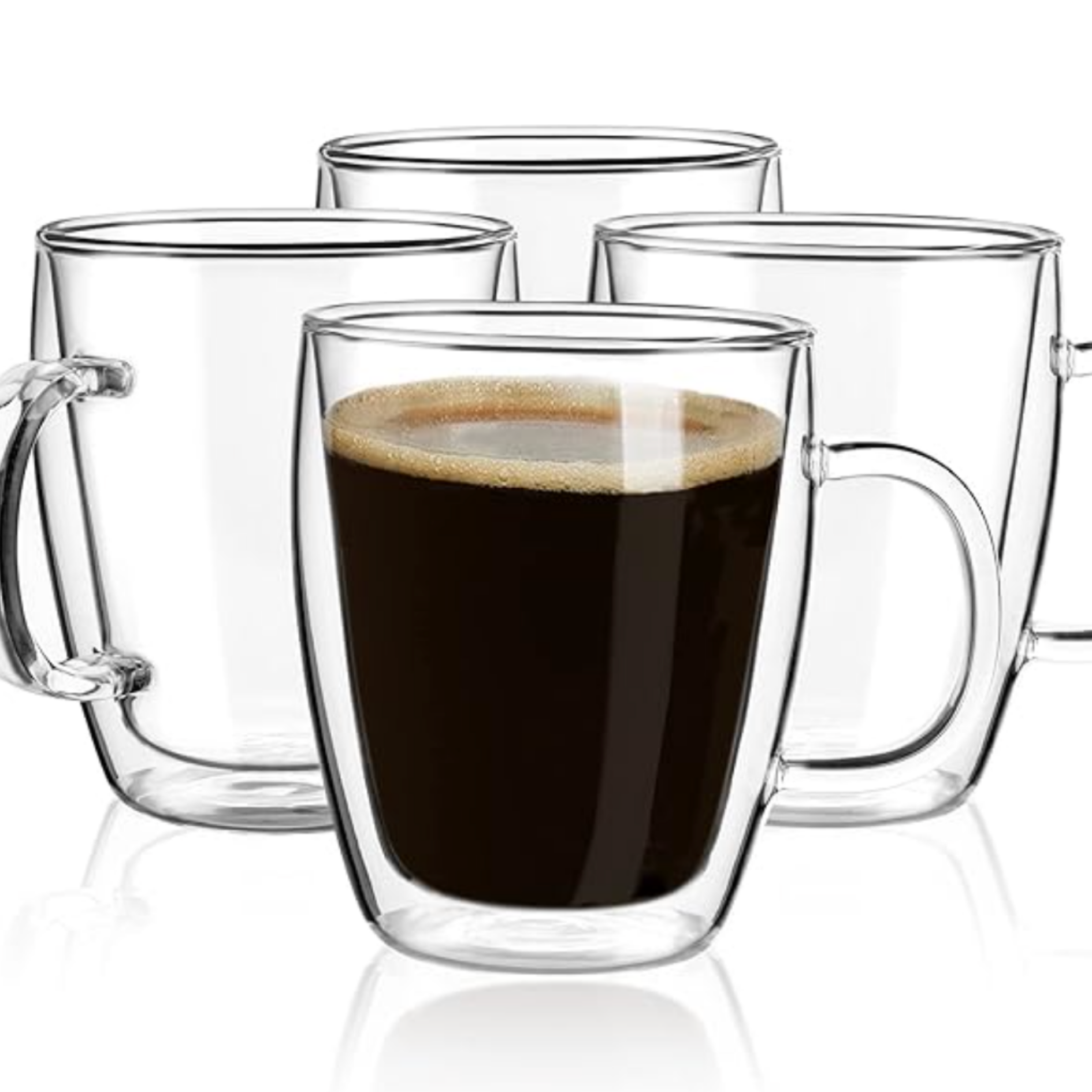 Clear glass coffee mugs with black coffee for modern kitchen and drinkware styling.