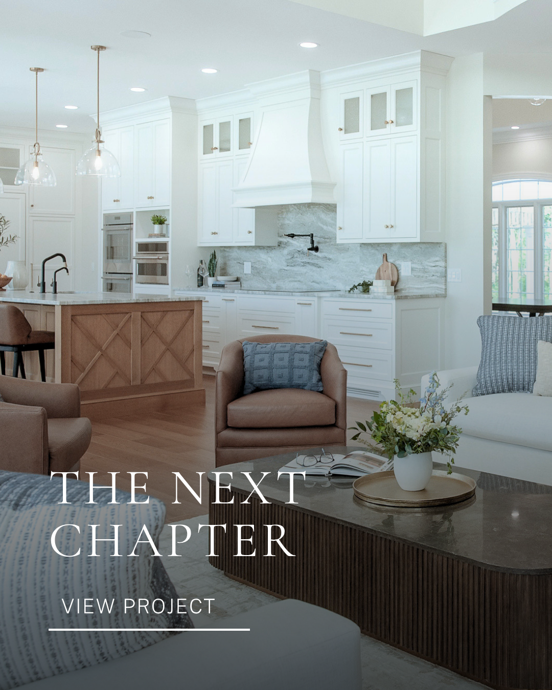 Open-concept residential interior design featuring a modern kitchen, living room and coordinated furnishings.
