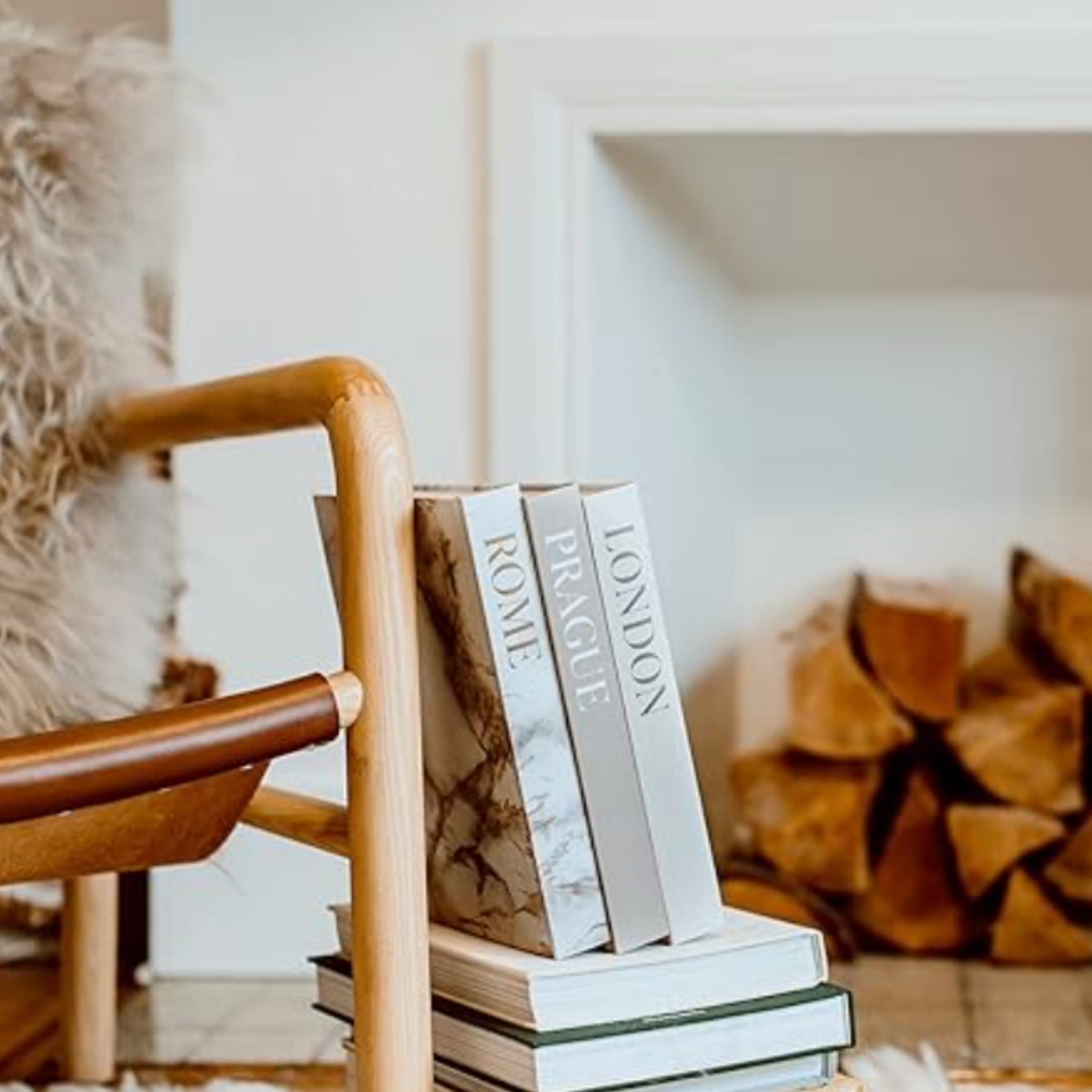 Curated books and natural wood chair styled on white shelving in a cozy residential interior.