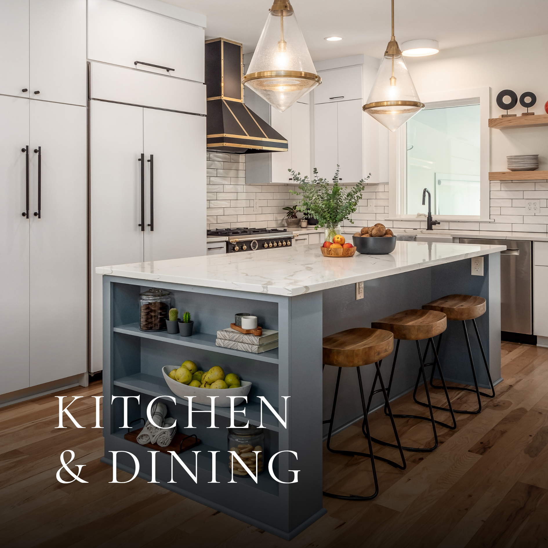 Modern residential kitchen featuring white cabinetry, black and gold range hood, marble island and wood counter stools.