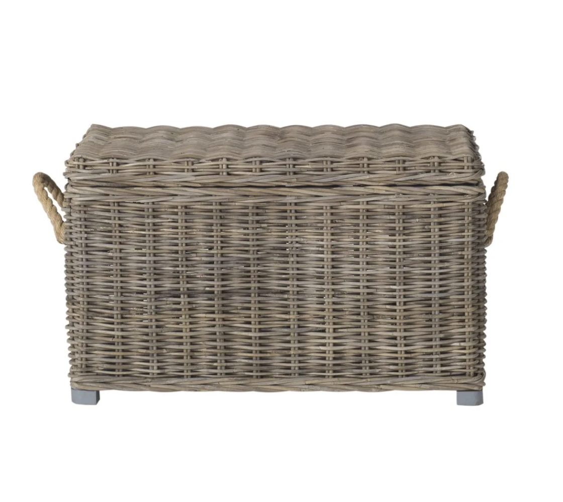 Woven wicker storage chest with lid and handles for stylish home organization.