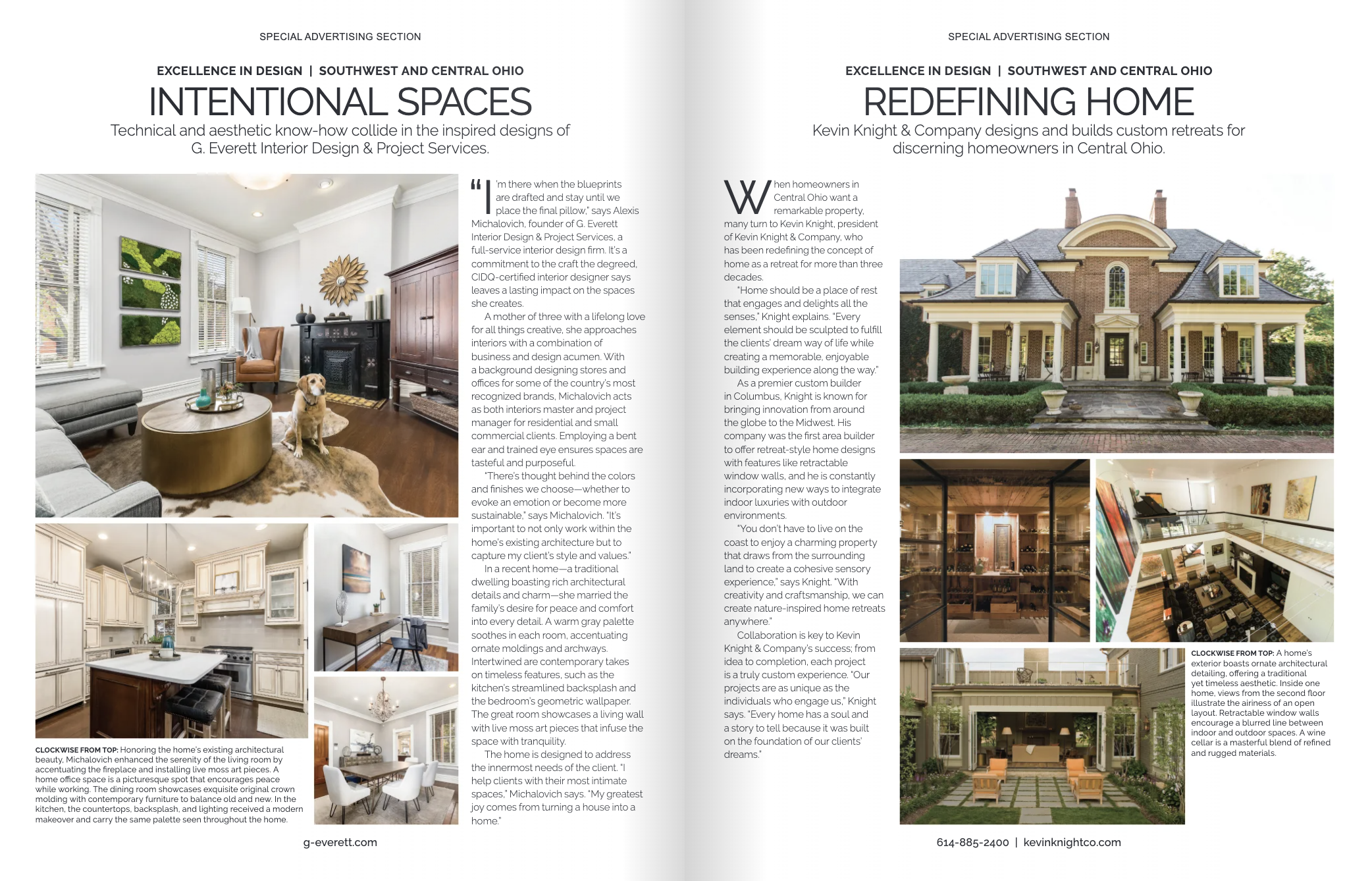 A magazine spread showcasing interior and exterior home designs. The left page features a living room with white walls, large windows, modern furniture, and a pet dog. The right page displays the front exterior of a large brick house with a front porch, multiple chimneys, and a landscaped yard.
