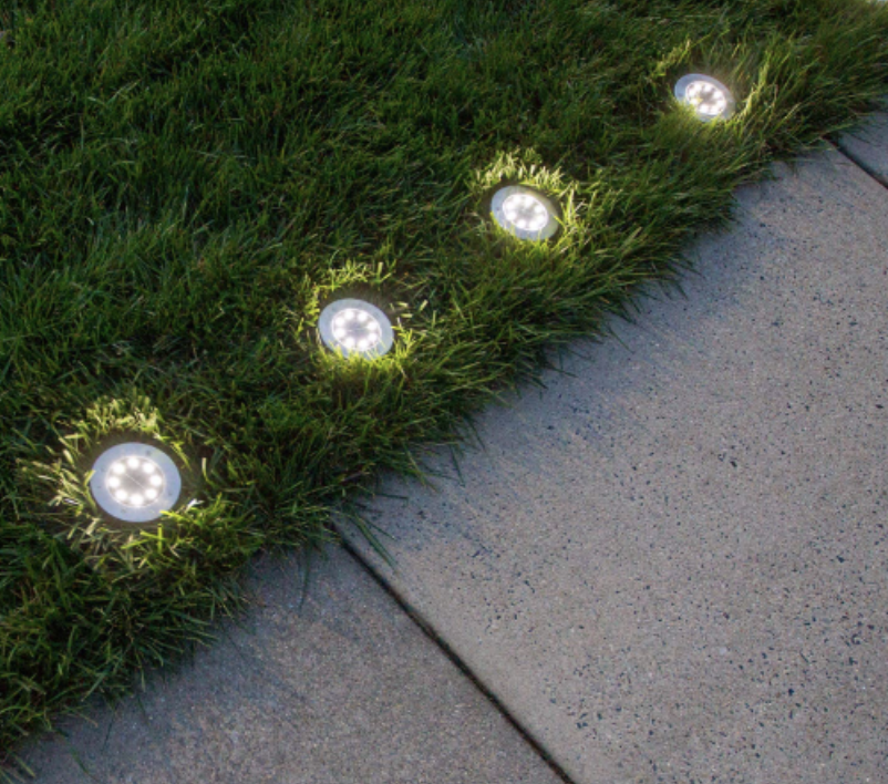 Four circular solar landscape lights embedded in the grass along a concrete walkway.