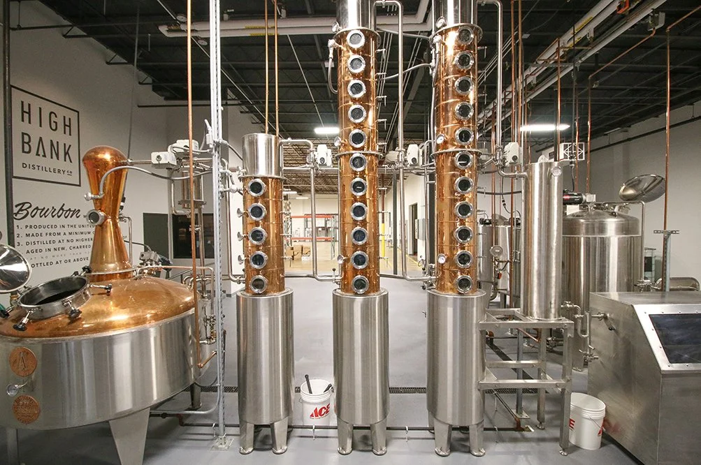 Copper and stainless steel distillation columns and equipment at High Bank Distillery.