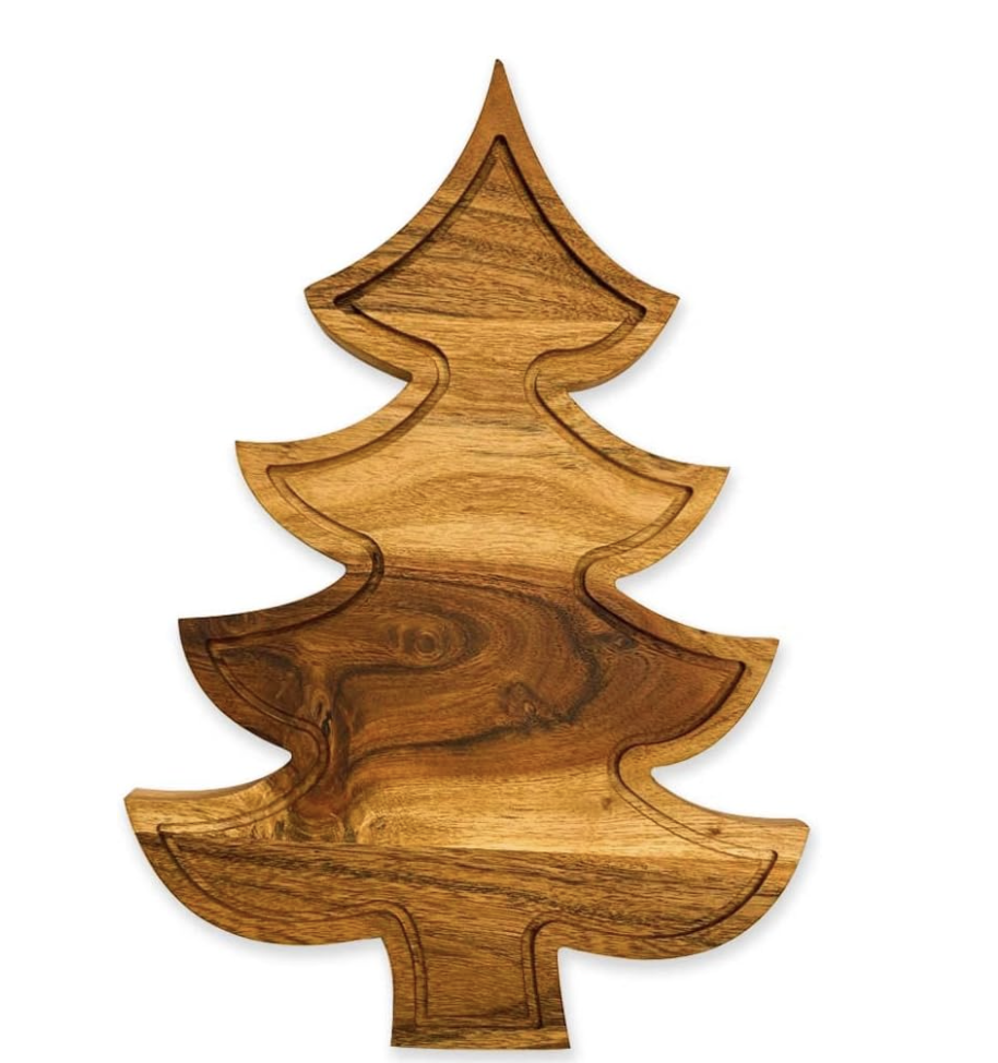 Wood Christmas tree serving tray with carved compartments for holiday entertaining.